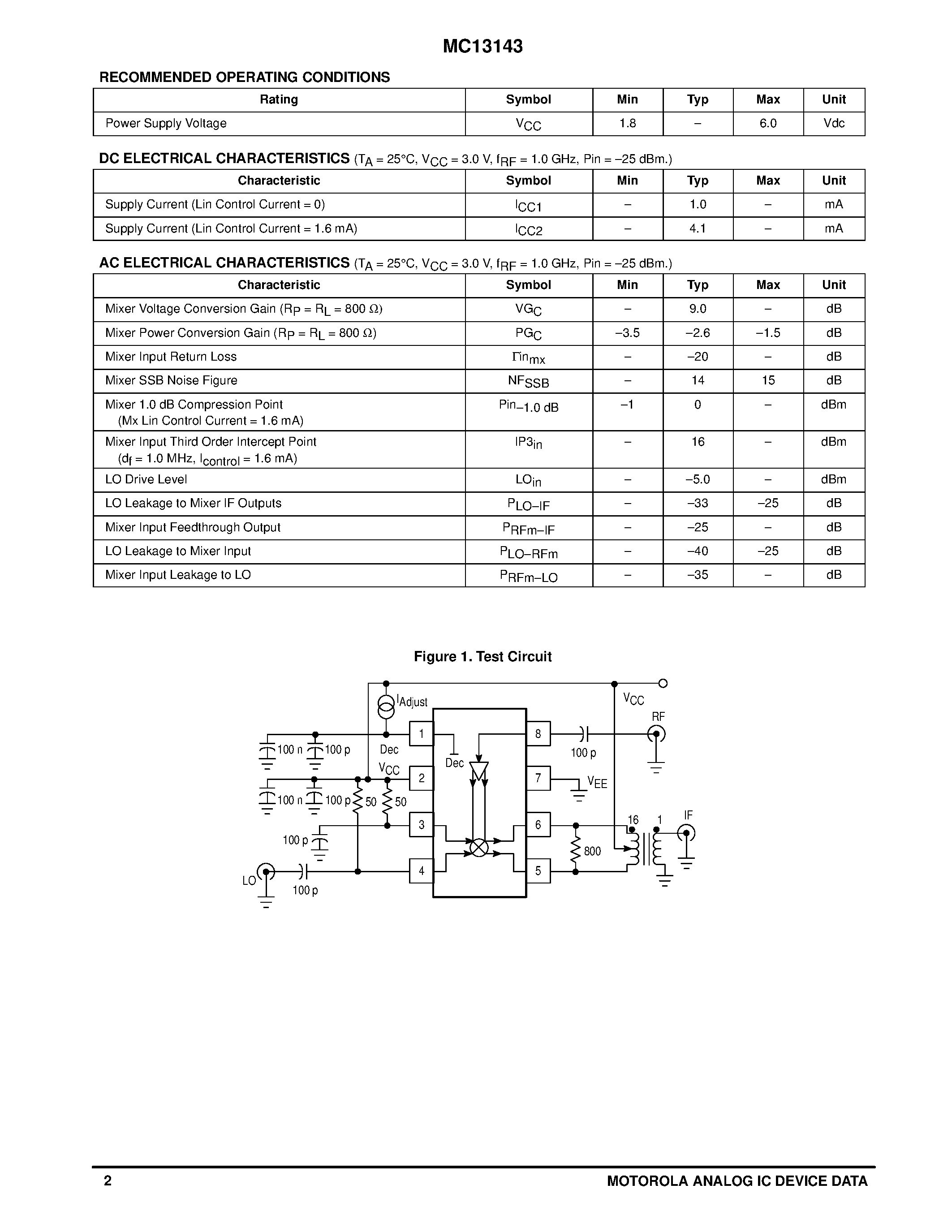 Даташит MC13143D - ULTRA LOW POWER DC - 2.4 GHz LINEAR MIXER страница 2