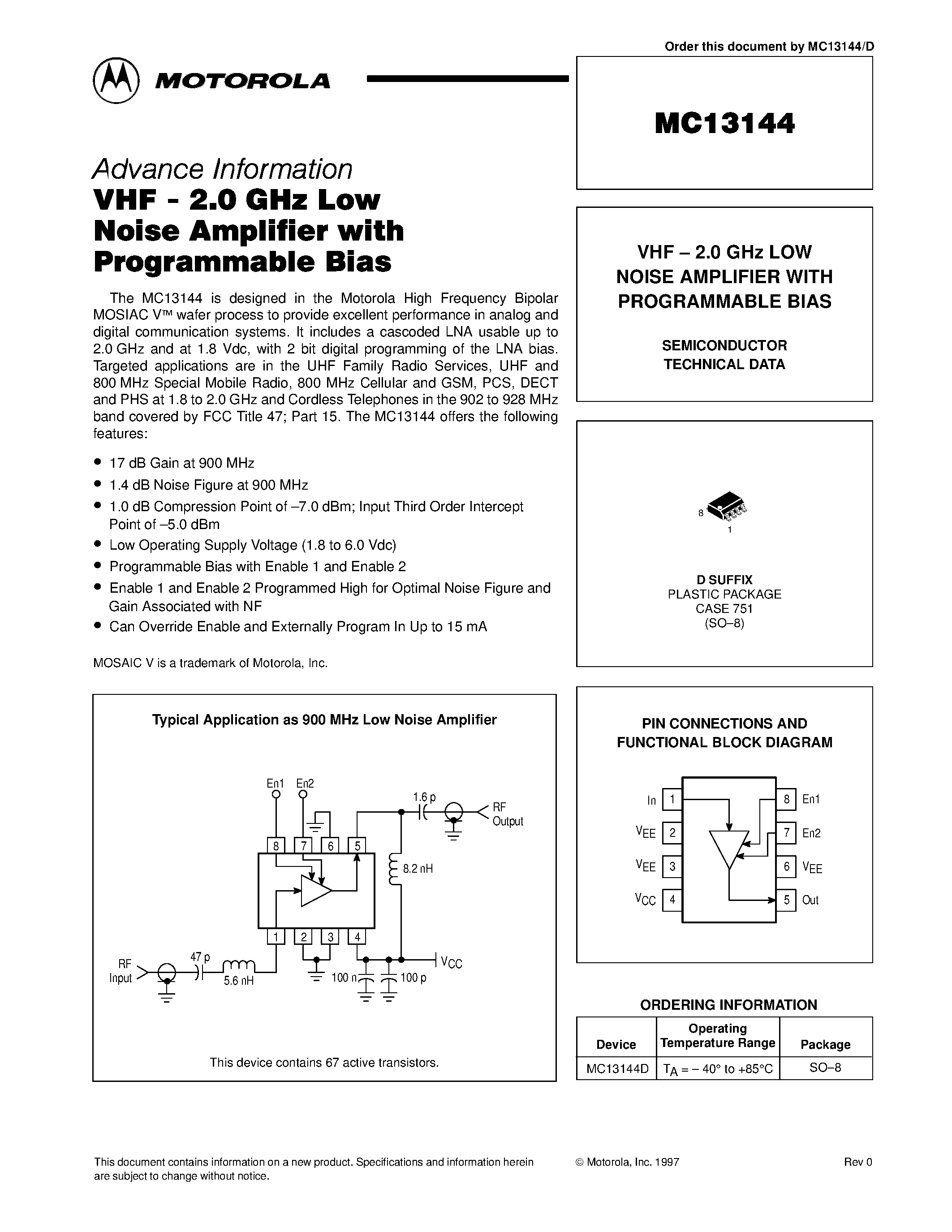 Даташит MC13144 - VHF - 2.0 GHz LOW NOISE AMPLIFIER WITH PROGRAMMABLE BIAS страница 1