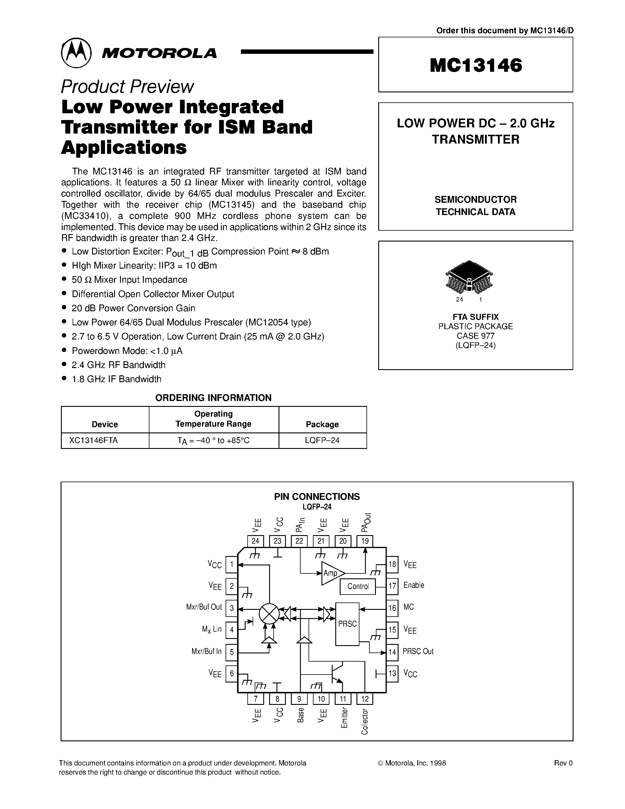 Datasheet MC13146 page 1 Datasheet MC13146 - LOW POWER DC - 2.0 GHz TRANSMITTER page 1