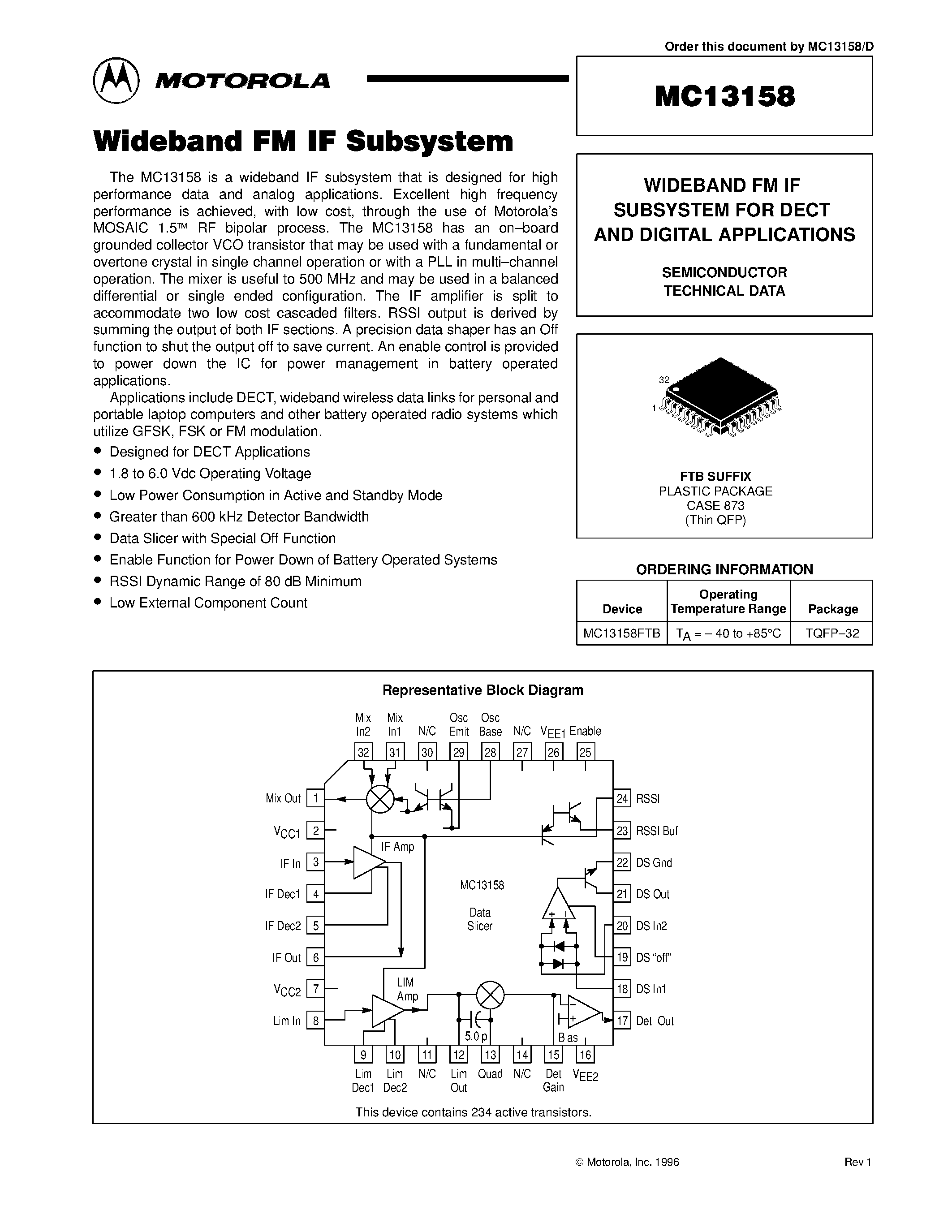 Datasheet MC13158FTB page 1 Datasheet MC13158FTB - WIDEBAND FM IF SUBSYSTEM FOR DECT AND DIGITAL APPLICATIONS page 1