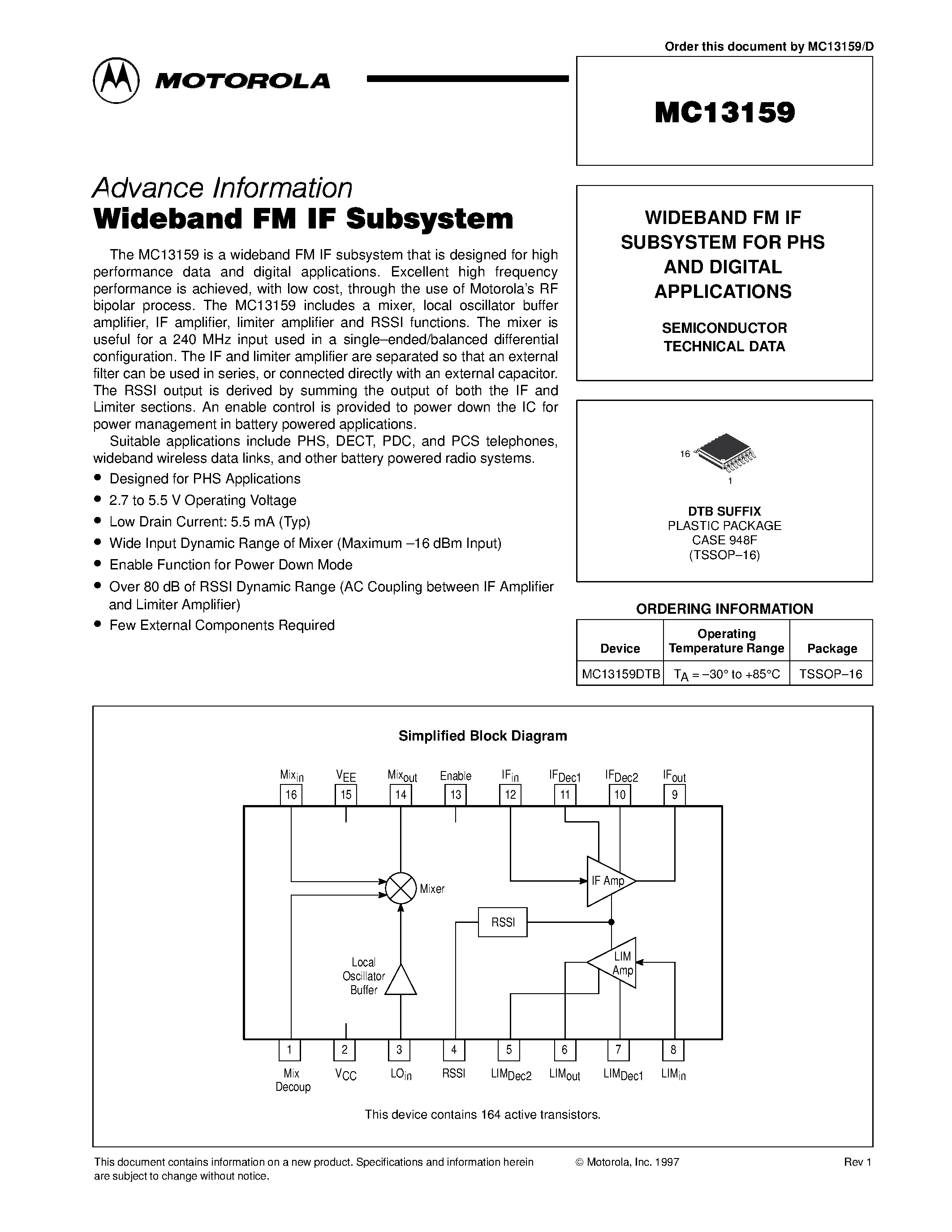 Datasheet MC13159 page 1 Datasheet MC13159 - WIDEBAND FM IF SUBSYSTEM FOR PHS AND DIGITAL APPLICATIONS page 1