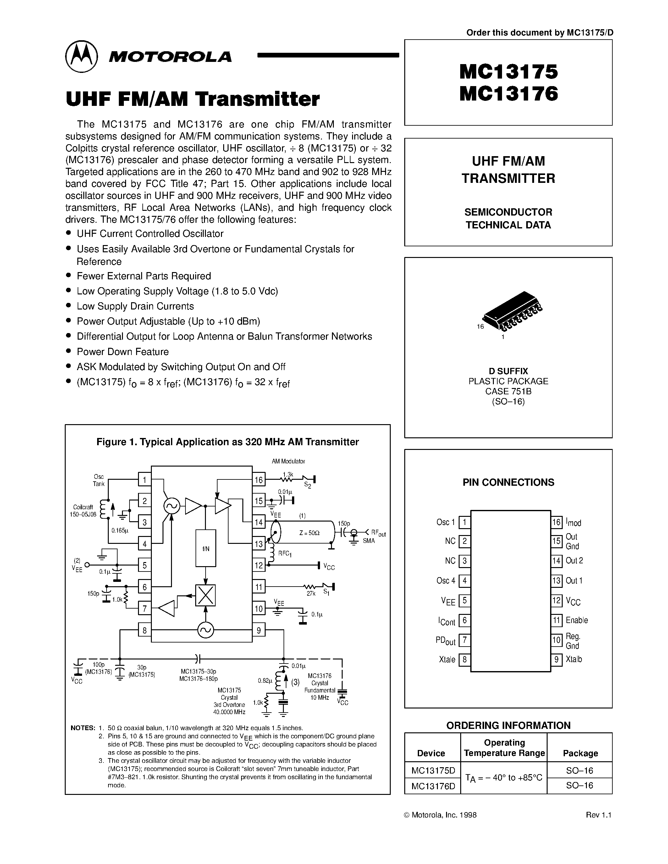 Datasheet MC13176D - UHF FM/AM TRANSMITTER page 1