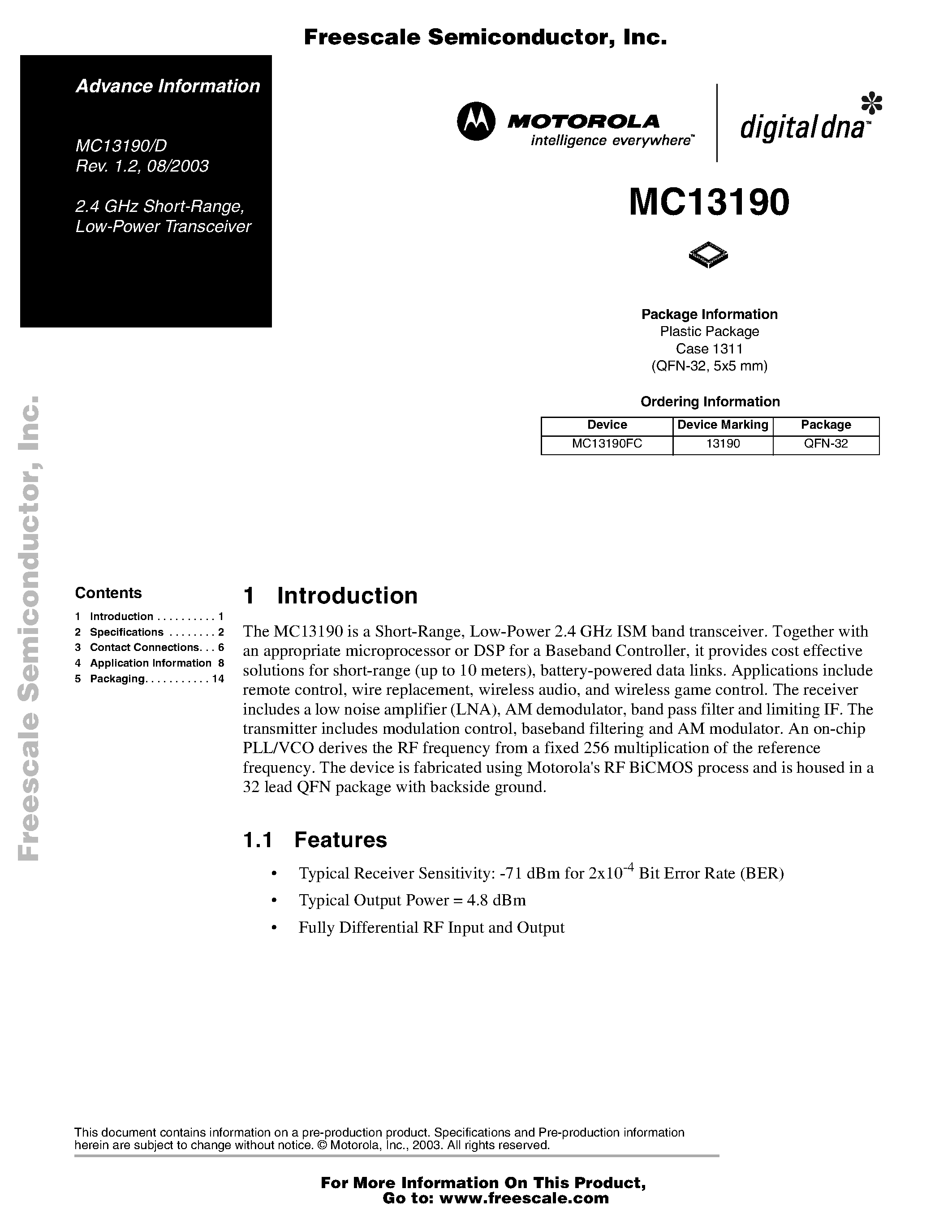 Datasheet MC13190D - 2.4 GHz Short-Range / Low-Power Transceiver page 1
