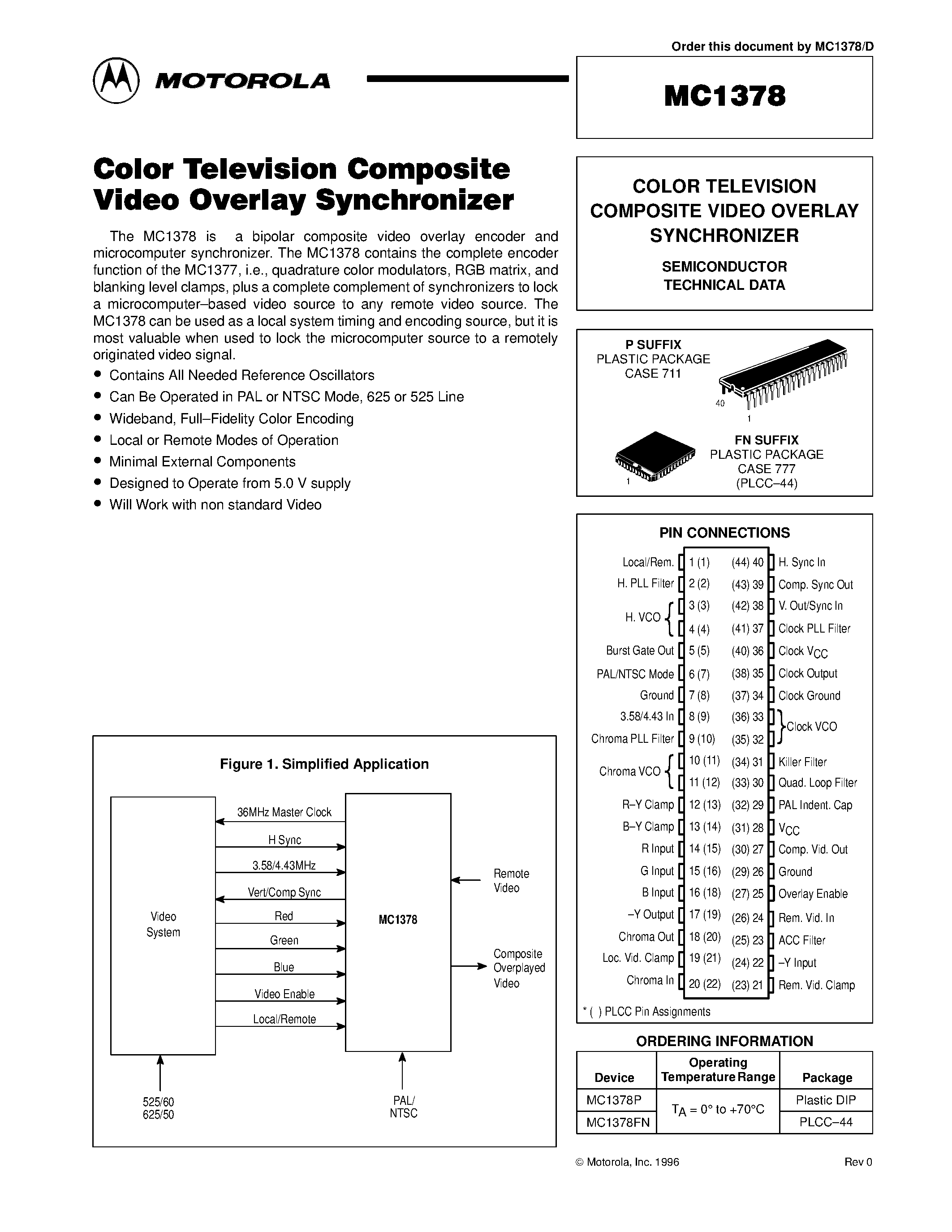 Datasheet MC1378FN - COLOR TELEVISION COMPOSITE VIDEO OVERLAY SYNCHRONIZER page 1