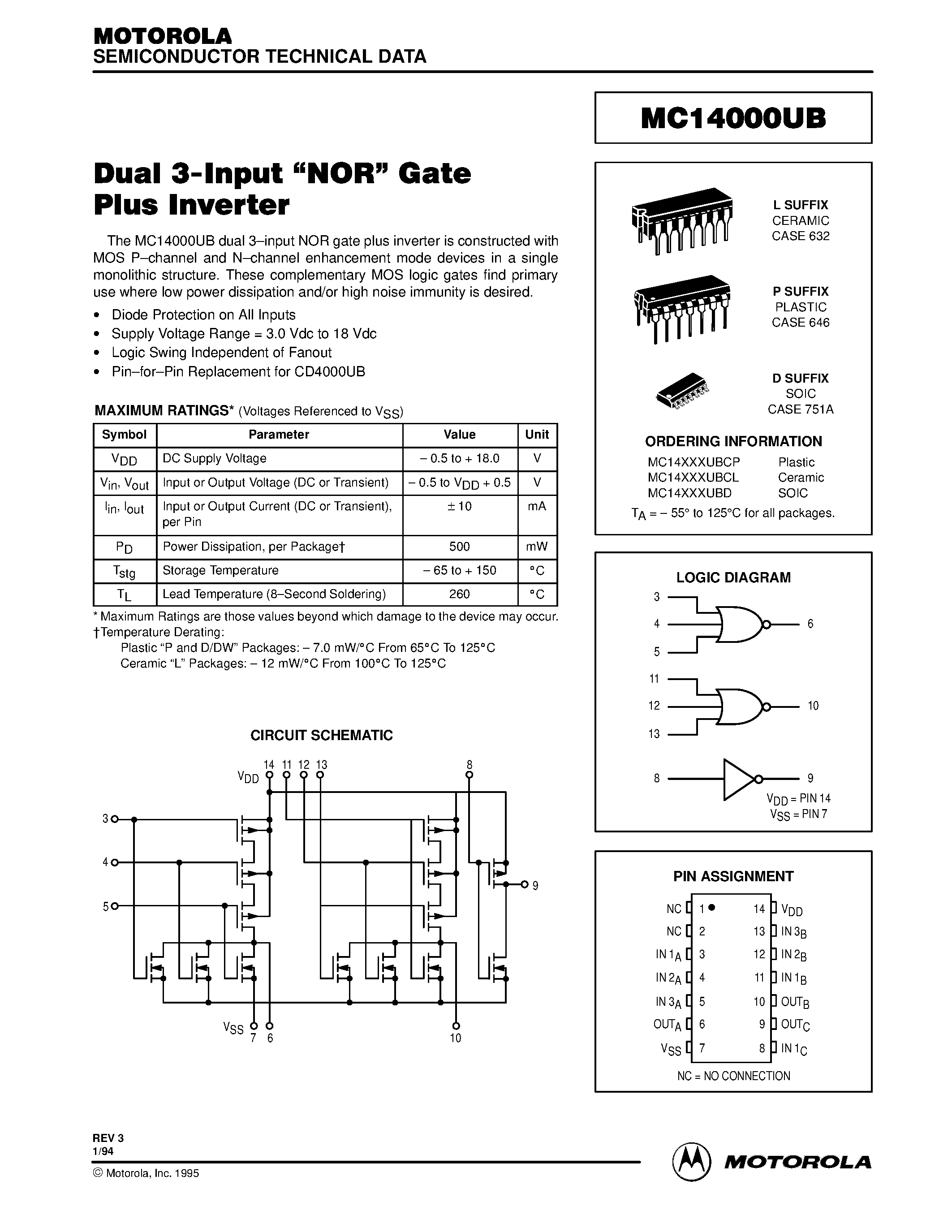 Datasheet MC14000UBCL - Dual 3-Input NOR Gate Plus Inverter page 1