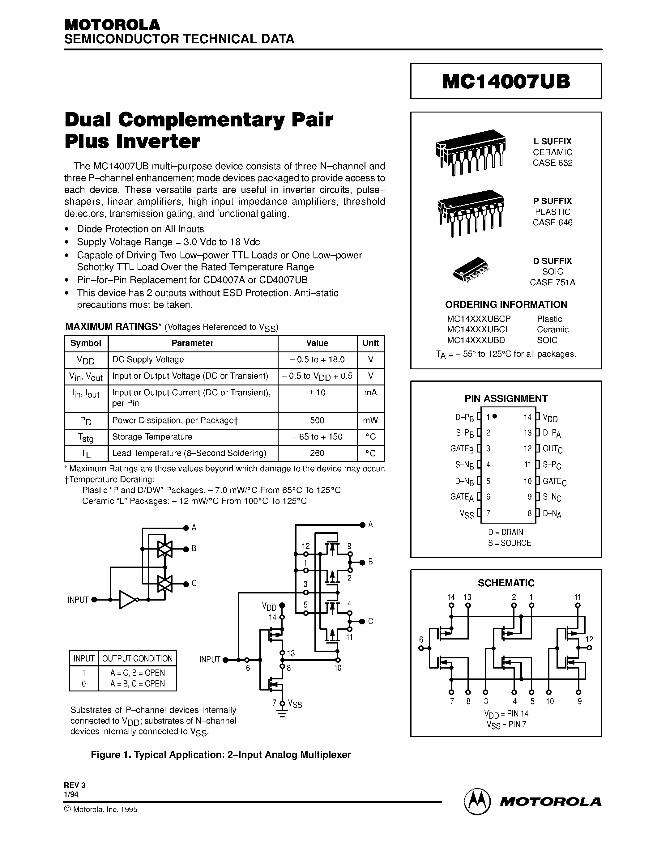 Datasheet MC14007UBCP page 1 Datasheet MC14007UBCP - Dual Complementary Pair Plus Inverter page 1
