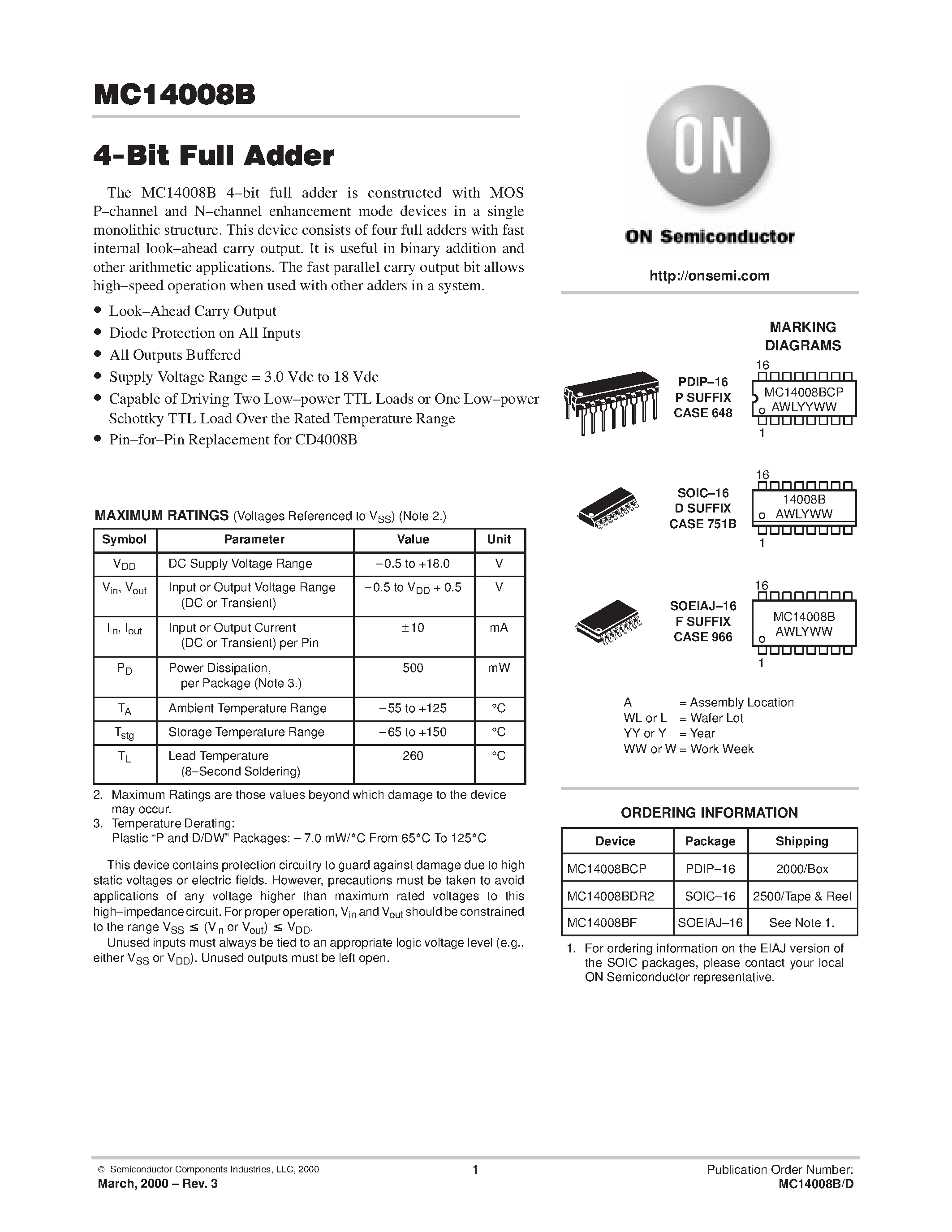 Datasheet MC14008B - 4-Bit Full Adder page 1