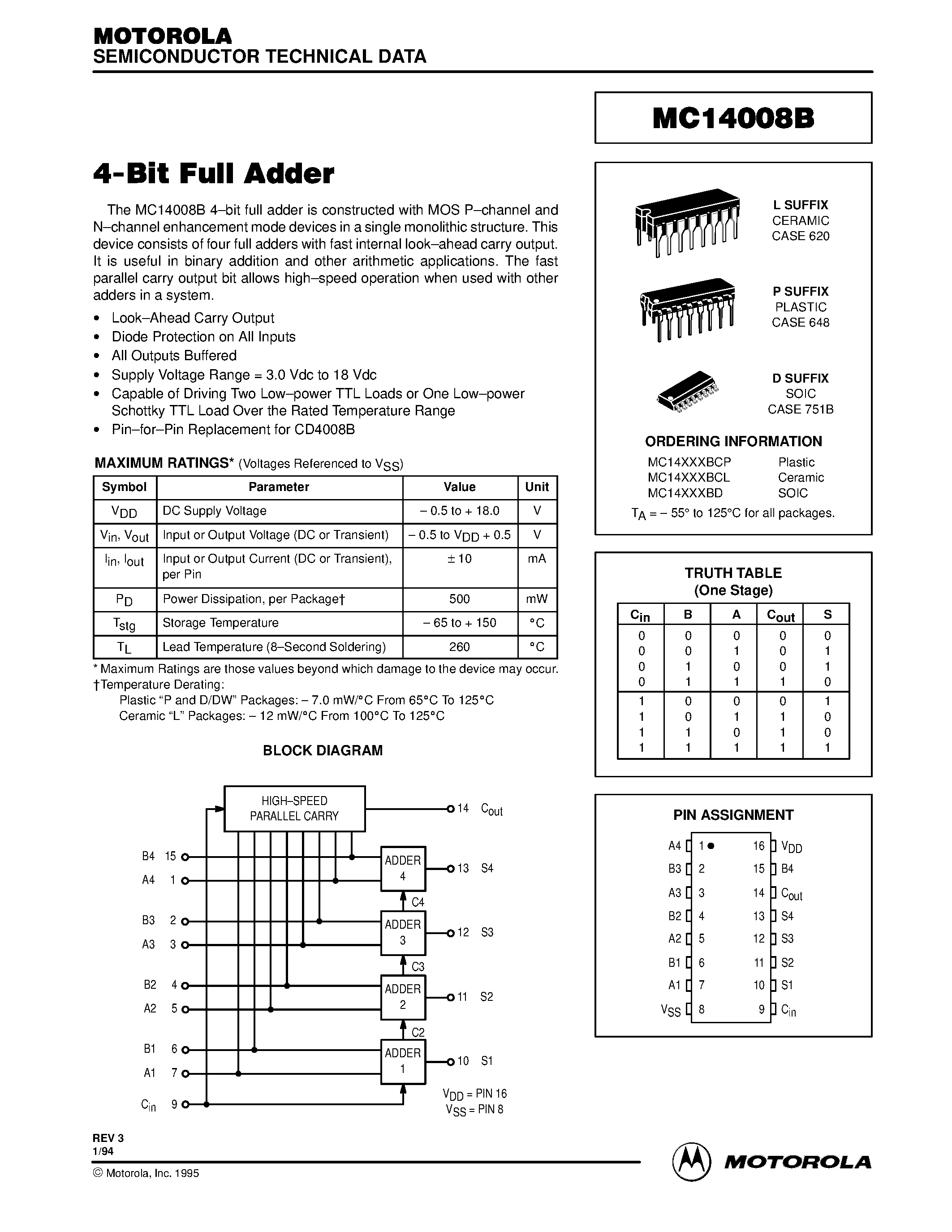 Datasheet MC14008B - 4-Bit Full Adder page 1