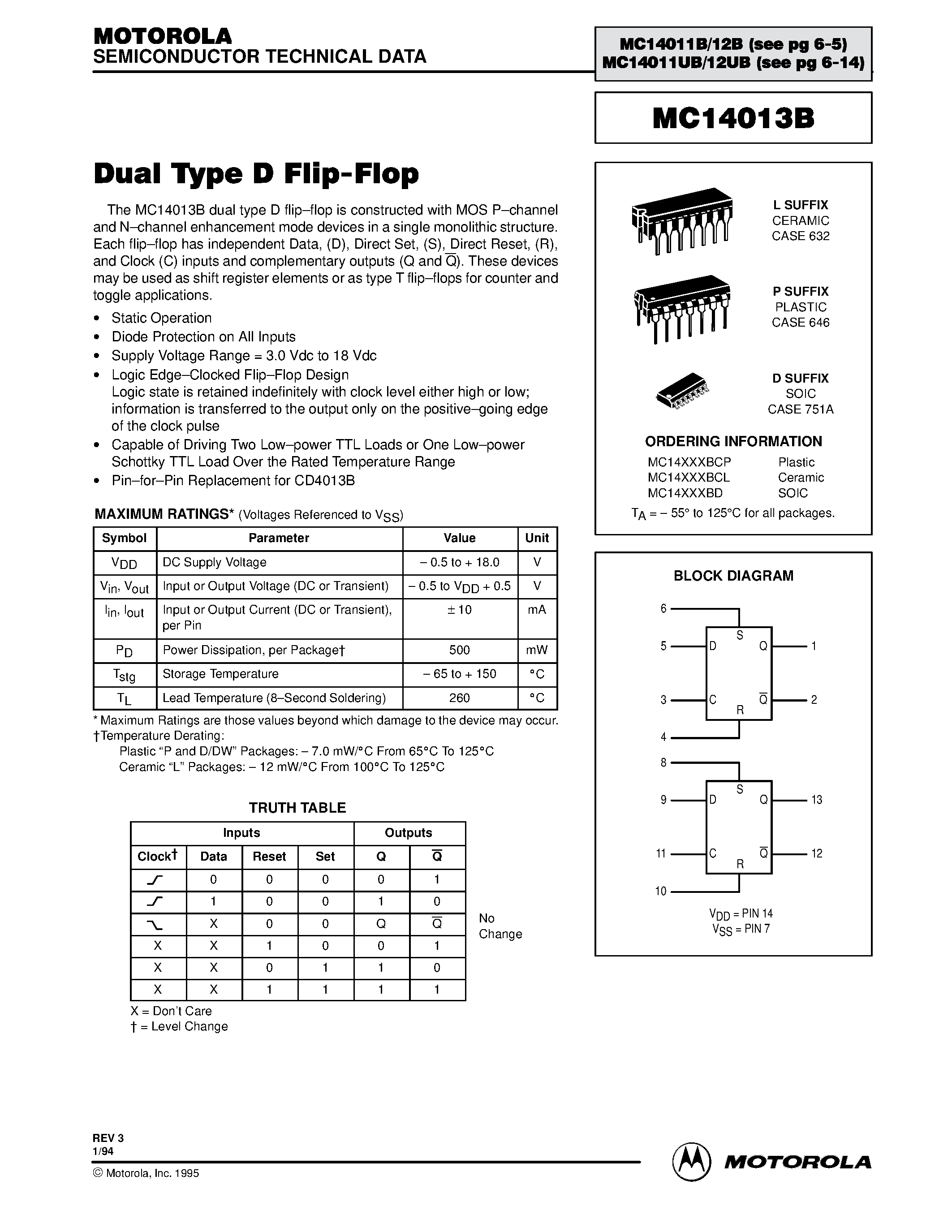 Datasheet MC14013 - Dual Type D Flip-Flop page 1