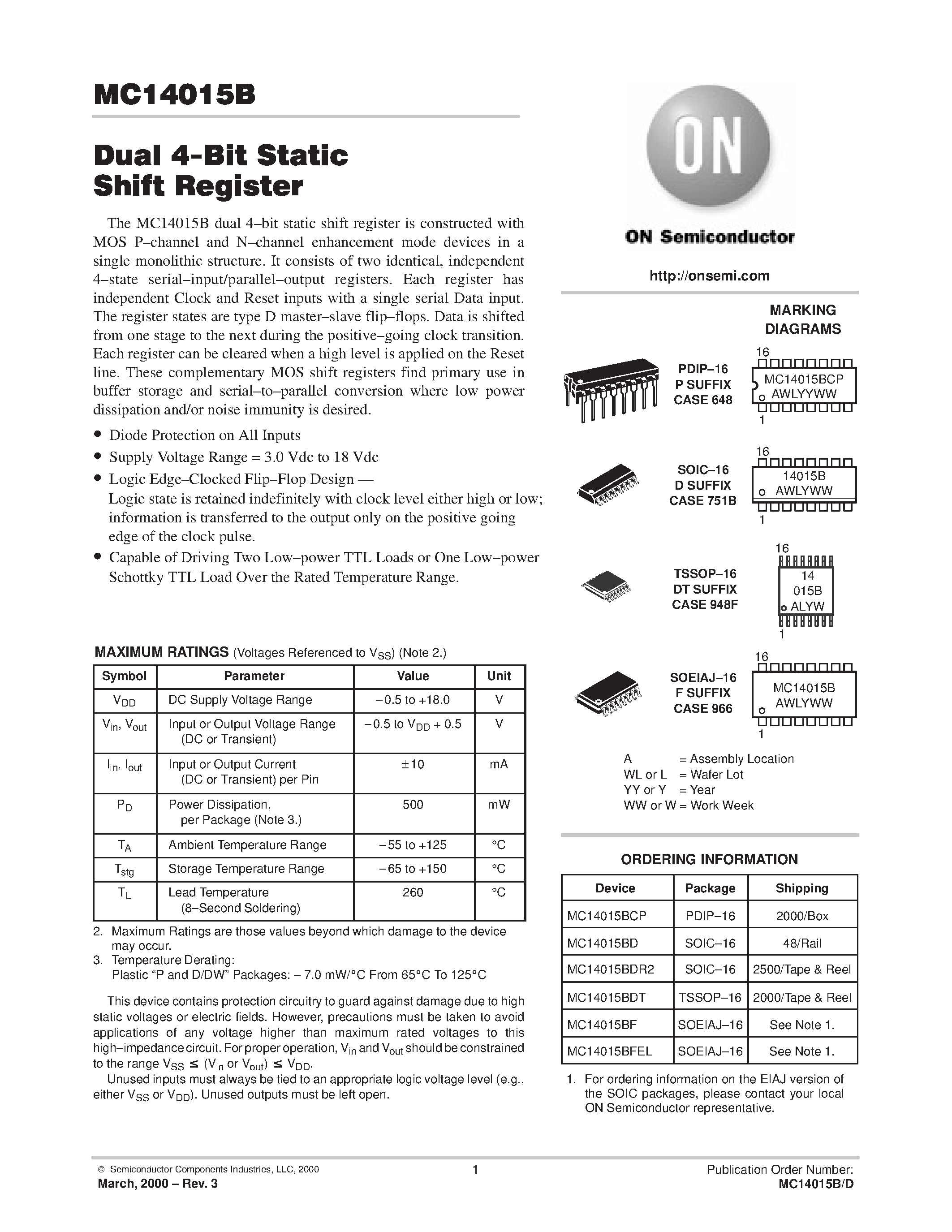 Datasheet MC14015BDR2 - Dual 4-Bit Static Shift Register page 1