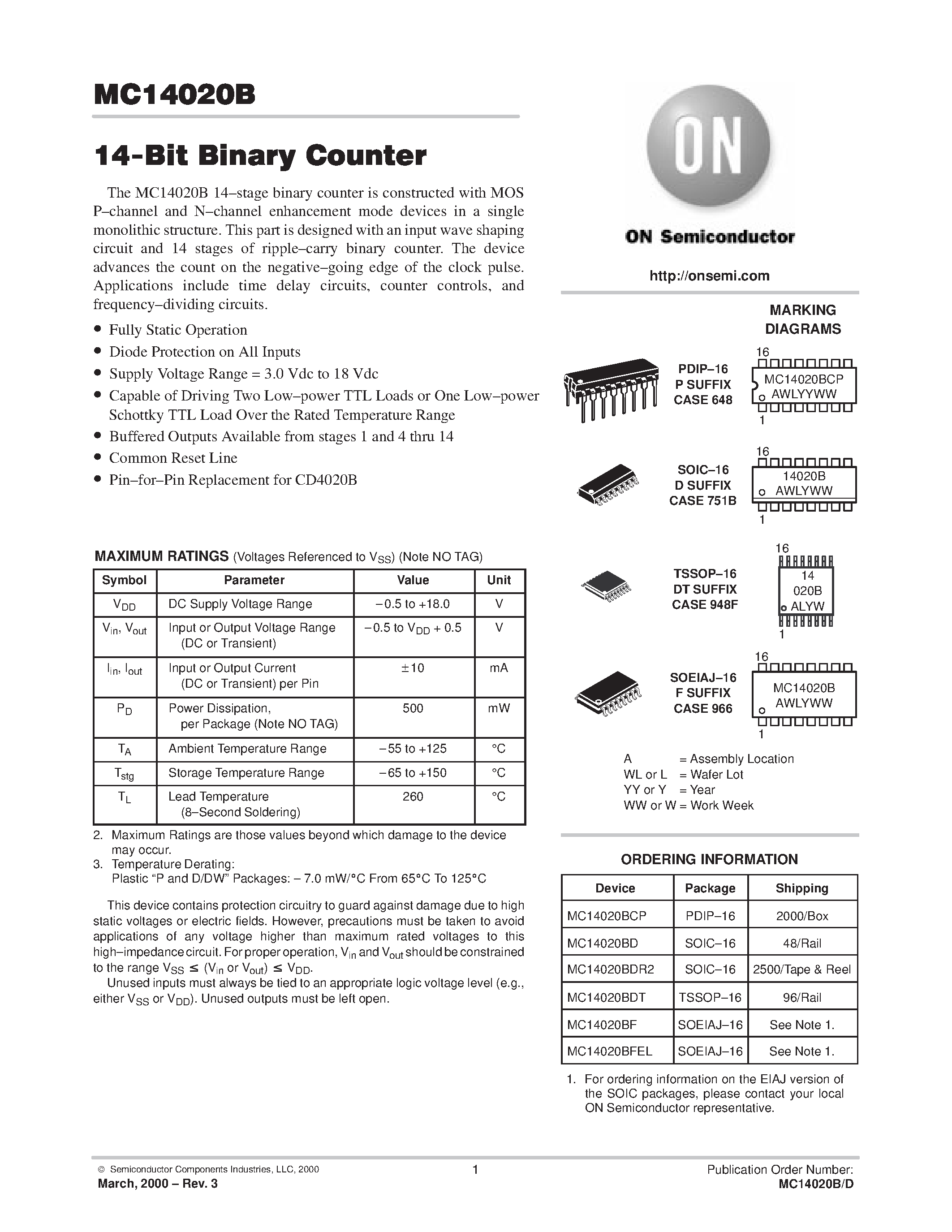Даташит MC14020B - 14-Bit Binary Counter страница 1