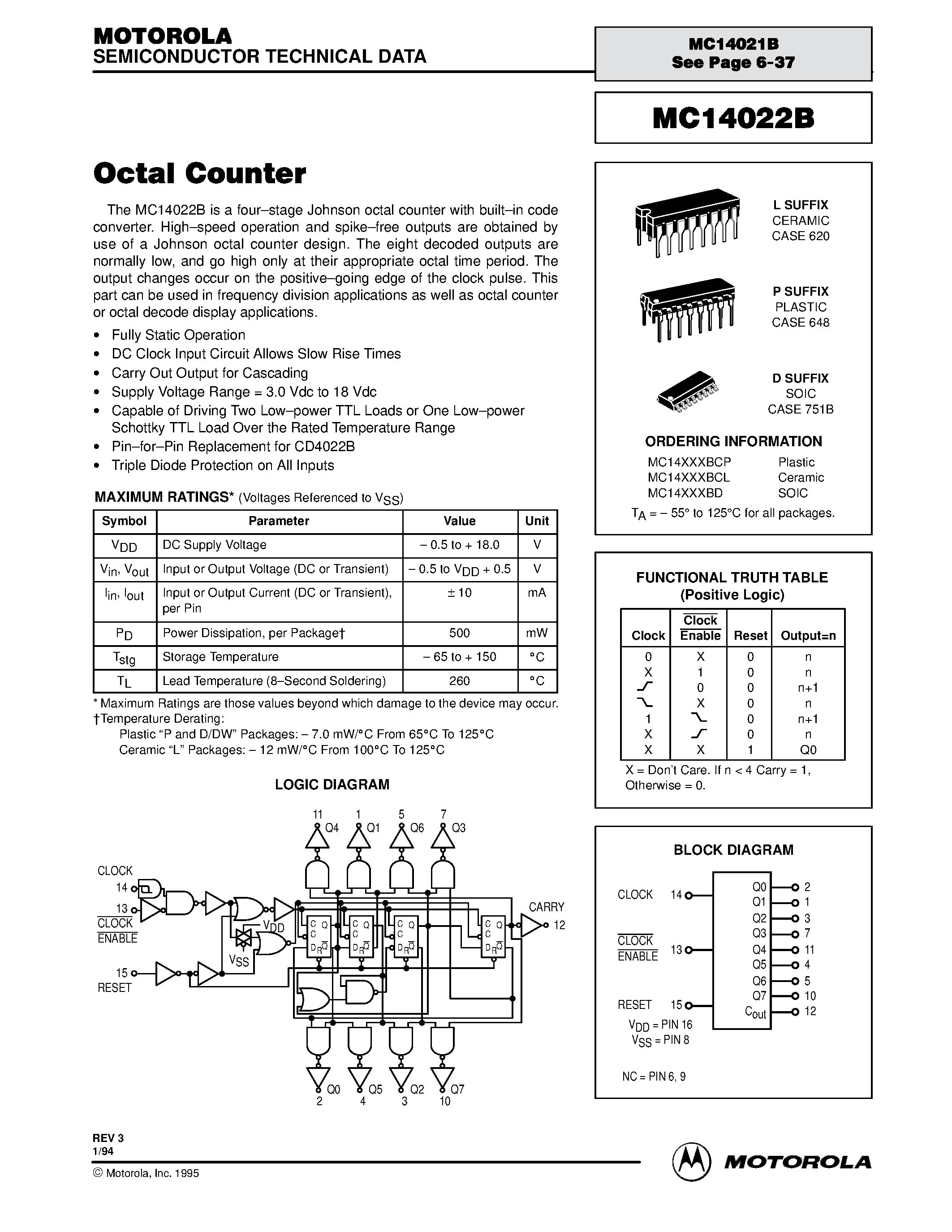 Даташит MC14022B - Octal Counter страница 1