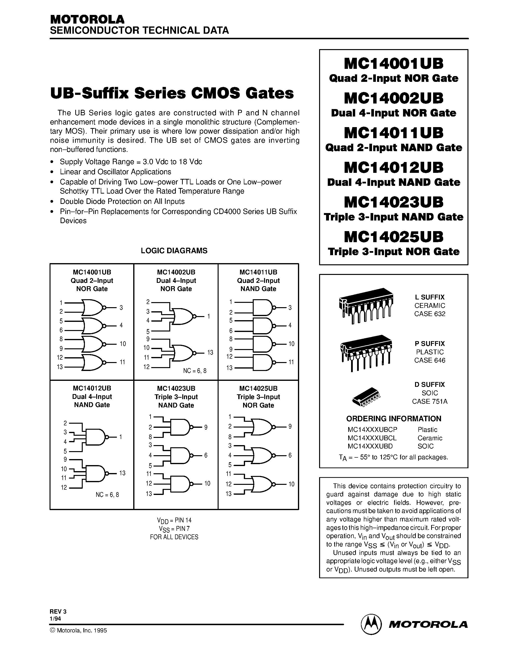 Даташит MC14023UBCP - UB-Suffix Series COMS Gates страница 1
