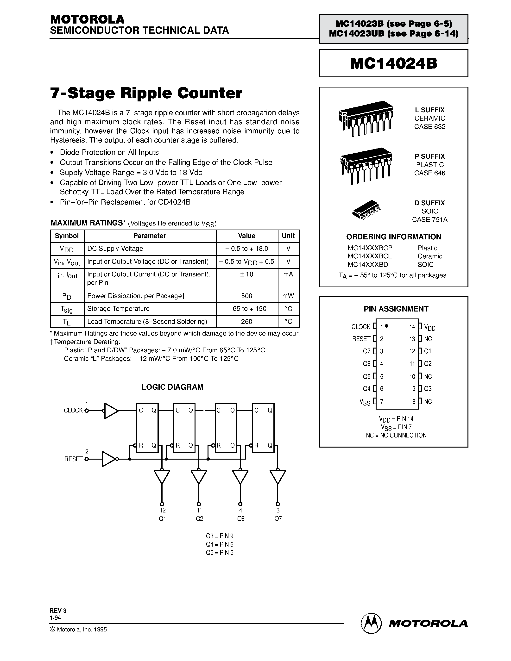 Даташит на микросхему MC14024B страница 1 Даташит MC14024B - 7-Stage Ripple Counter страница 1