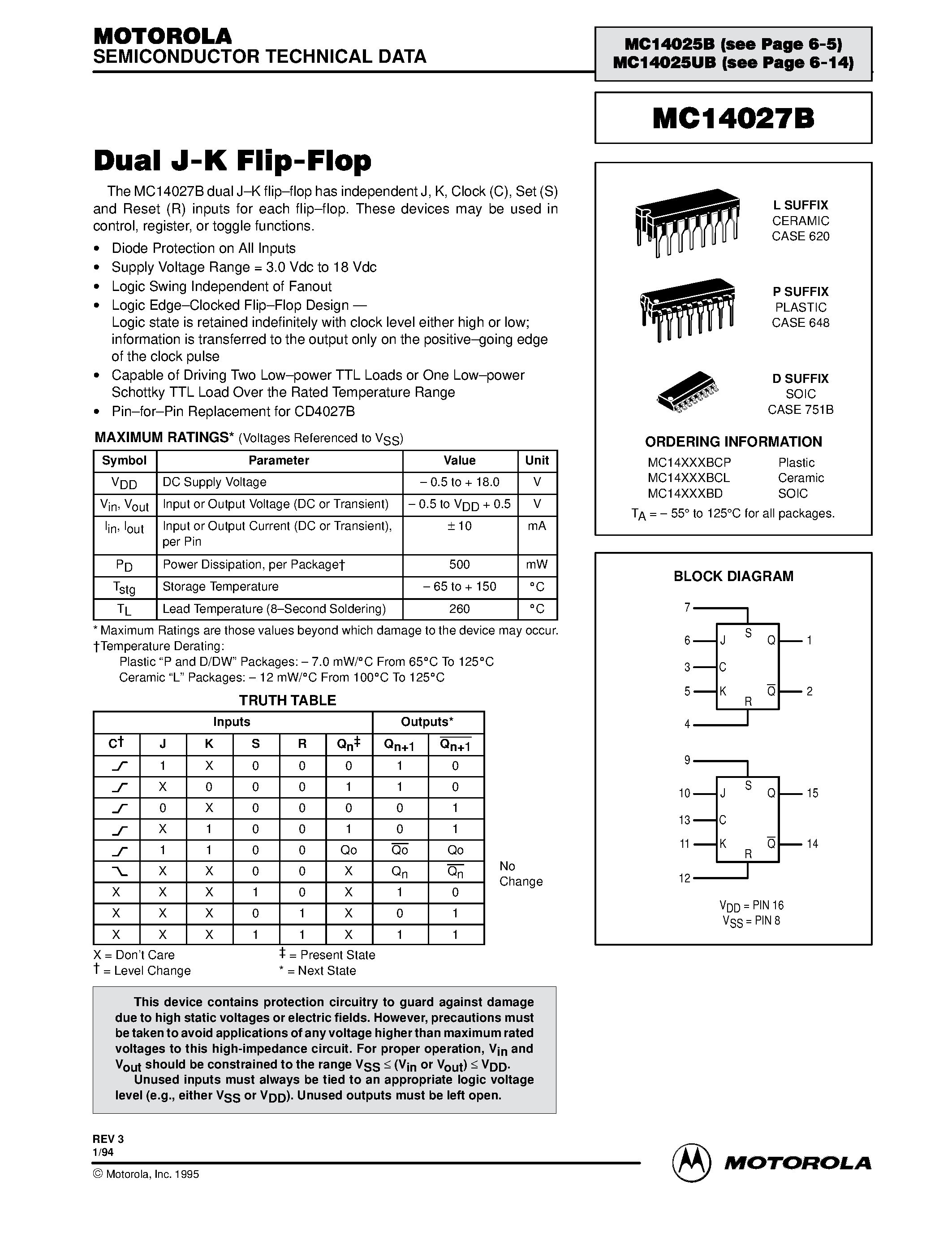 Datasheet MC14027 - Dual J-K Flip-Flop page 1