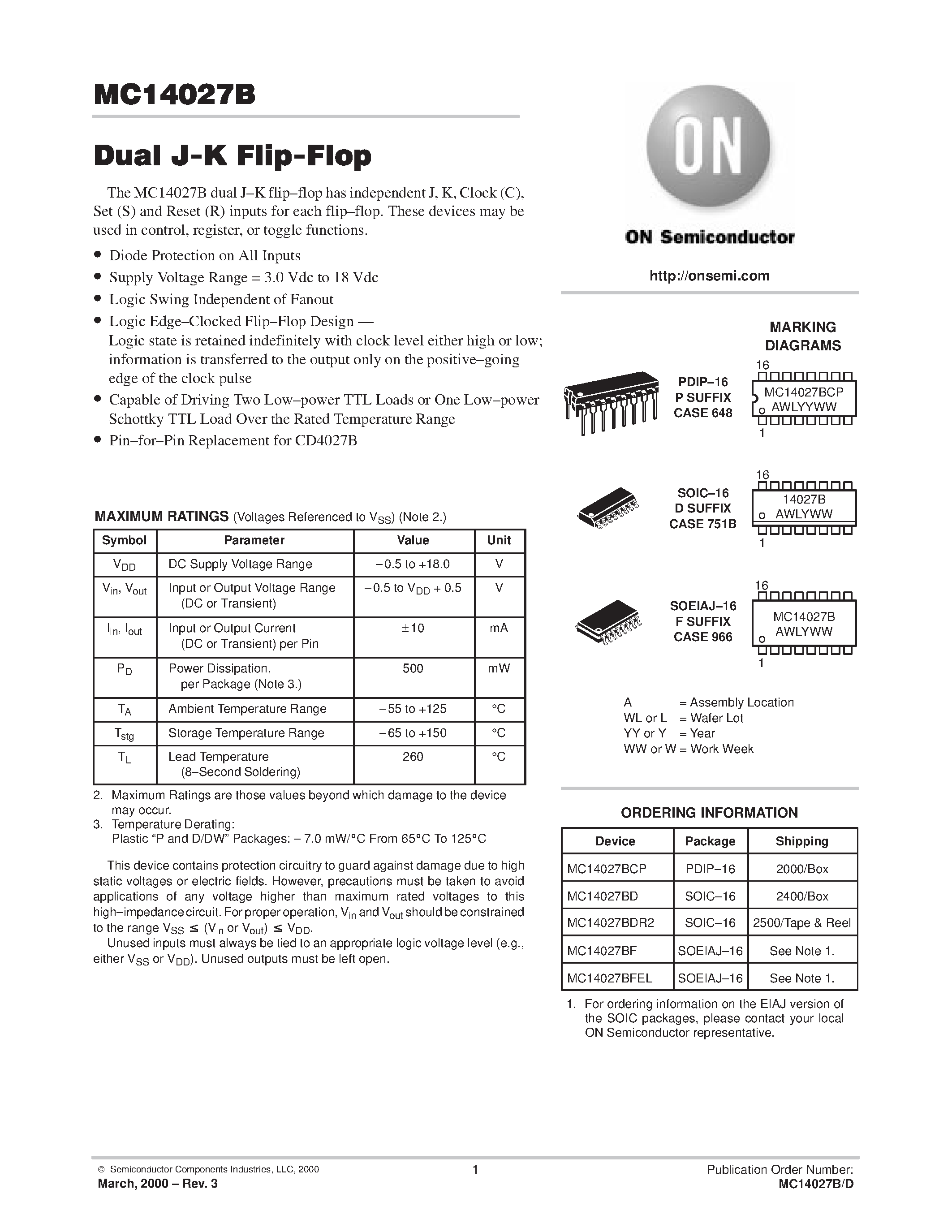 Даташит MC14027BCP - Dual J-K Flip-Flop страница 1