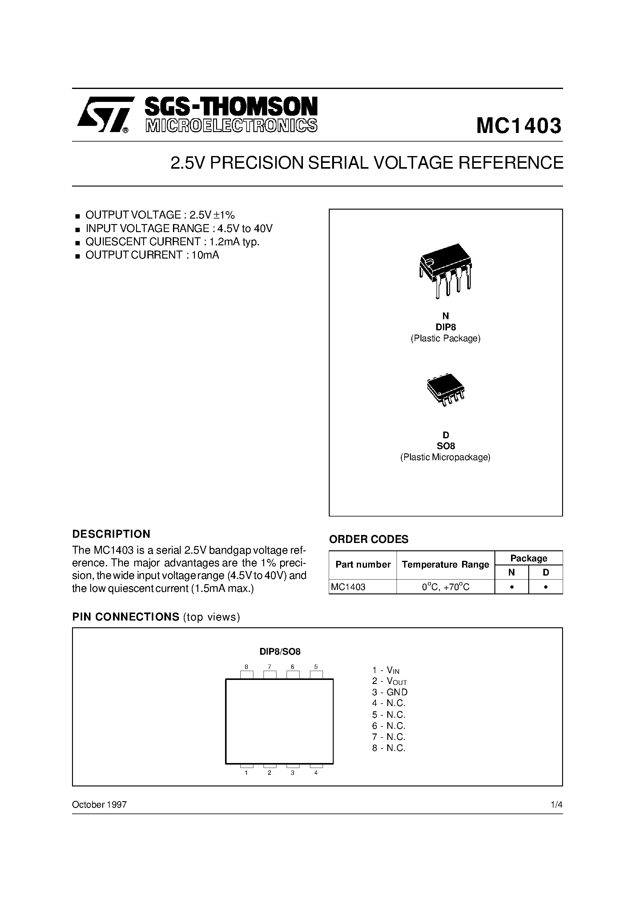 Datasheet MC1403 - 2.5V PRECISION SERIAL VOLTAGE REFERENCE page 1