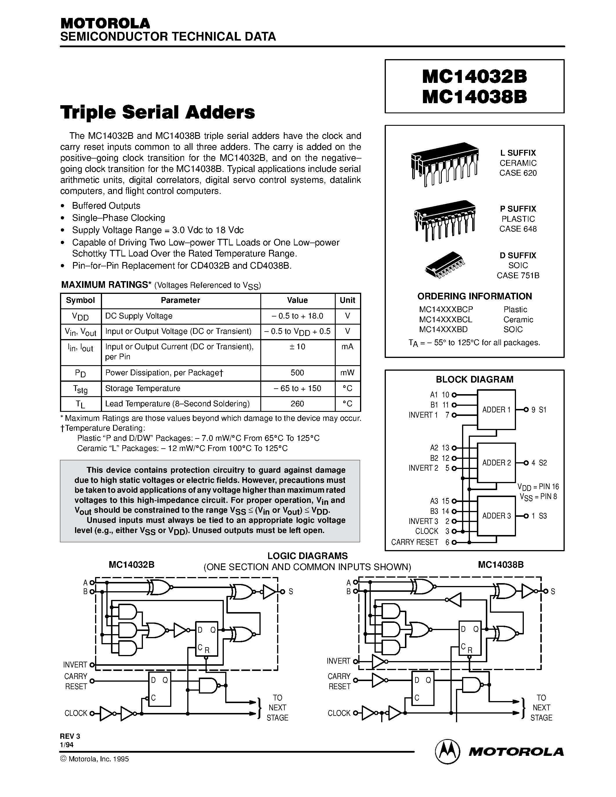 Datasheet MC14032BD page 1 Datasheet MC14032BD - Triple Serial Adders page 1