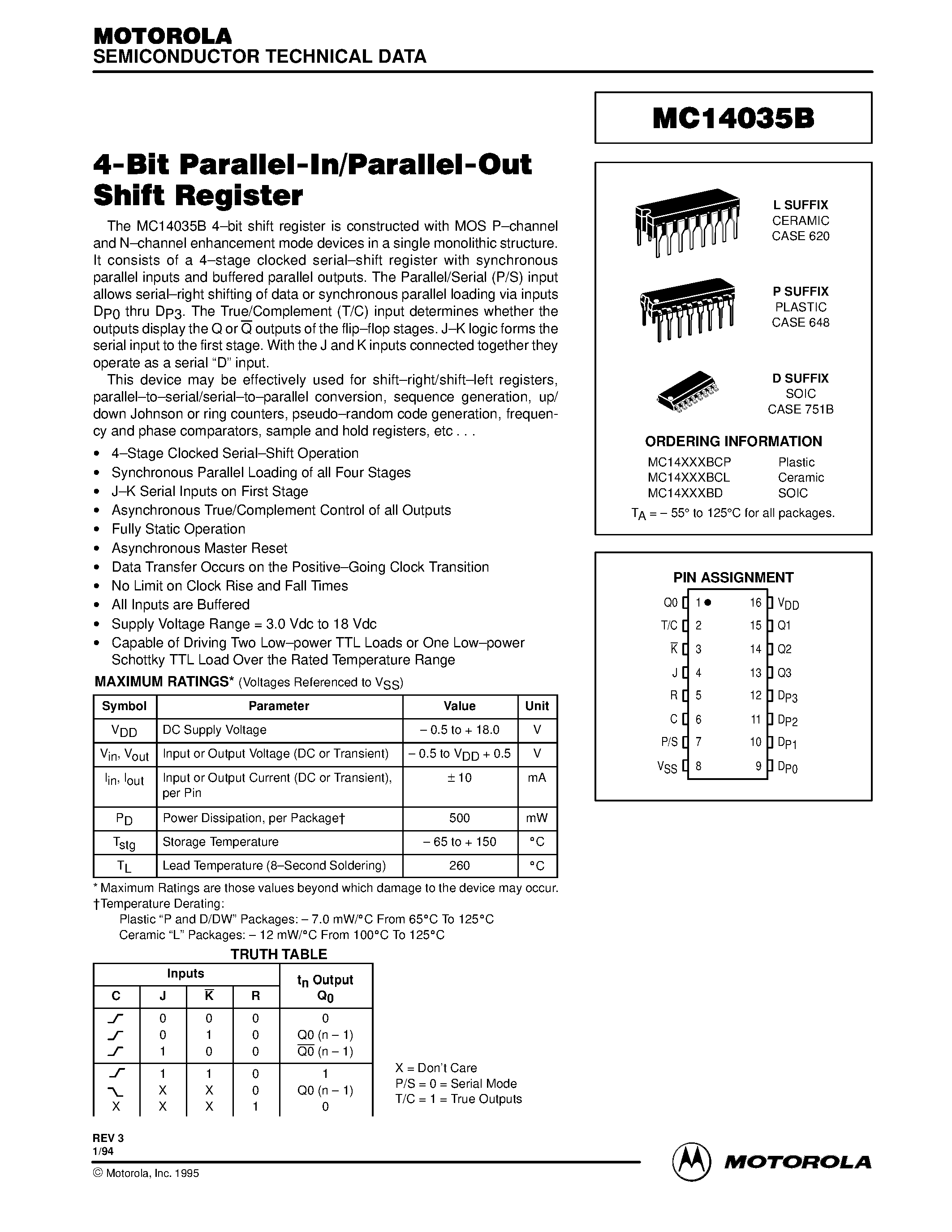 Datasheet MC14035B - 4-Bit Parallel-In/Parallel-Out Shift Register page 1