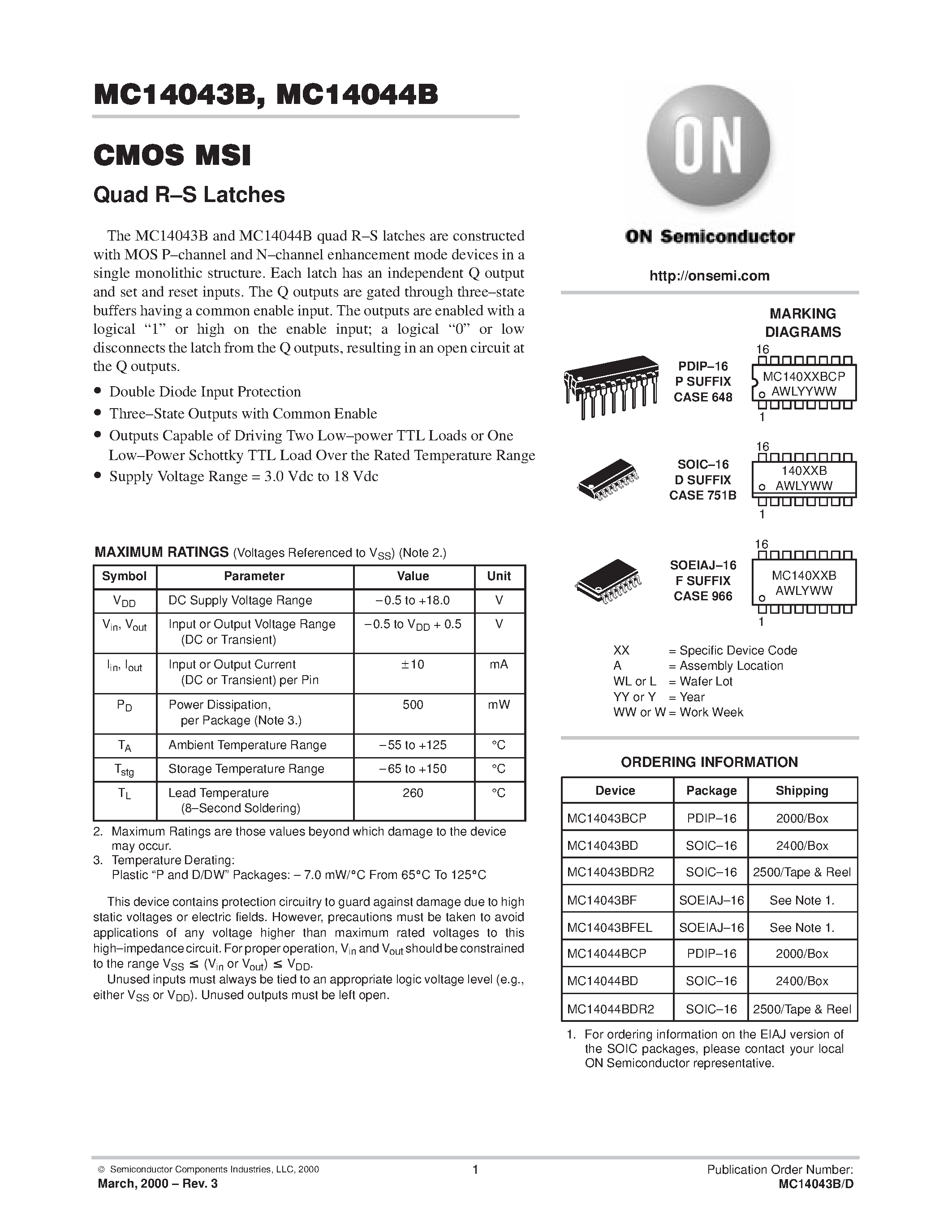 Datasheet MC14043B - CMOS MSI(Quad R-S Latches) page 1