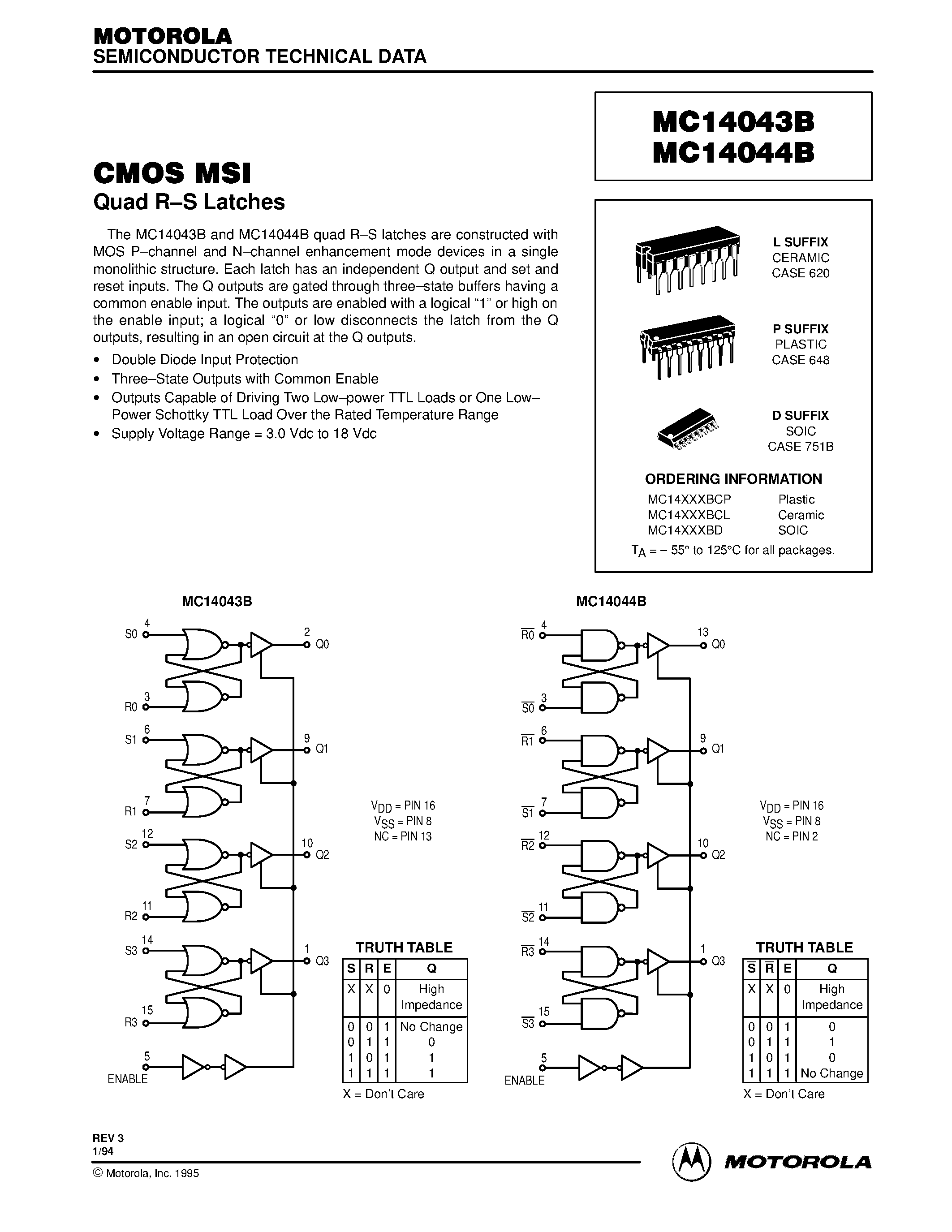 Datasheet MC14043BCL - CMOS MSI Quad R-S Latches page 1