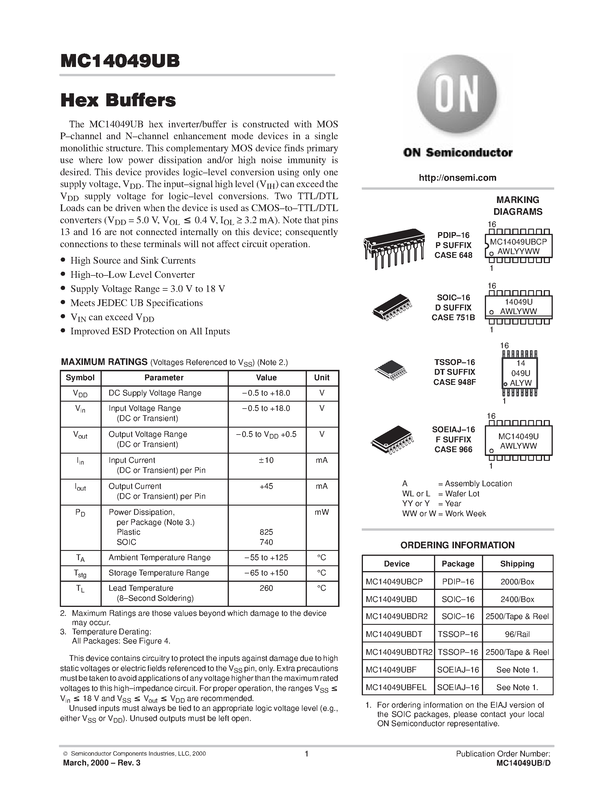 Datasheet MC14049UBCP - Hex Buffers page 1