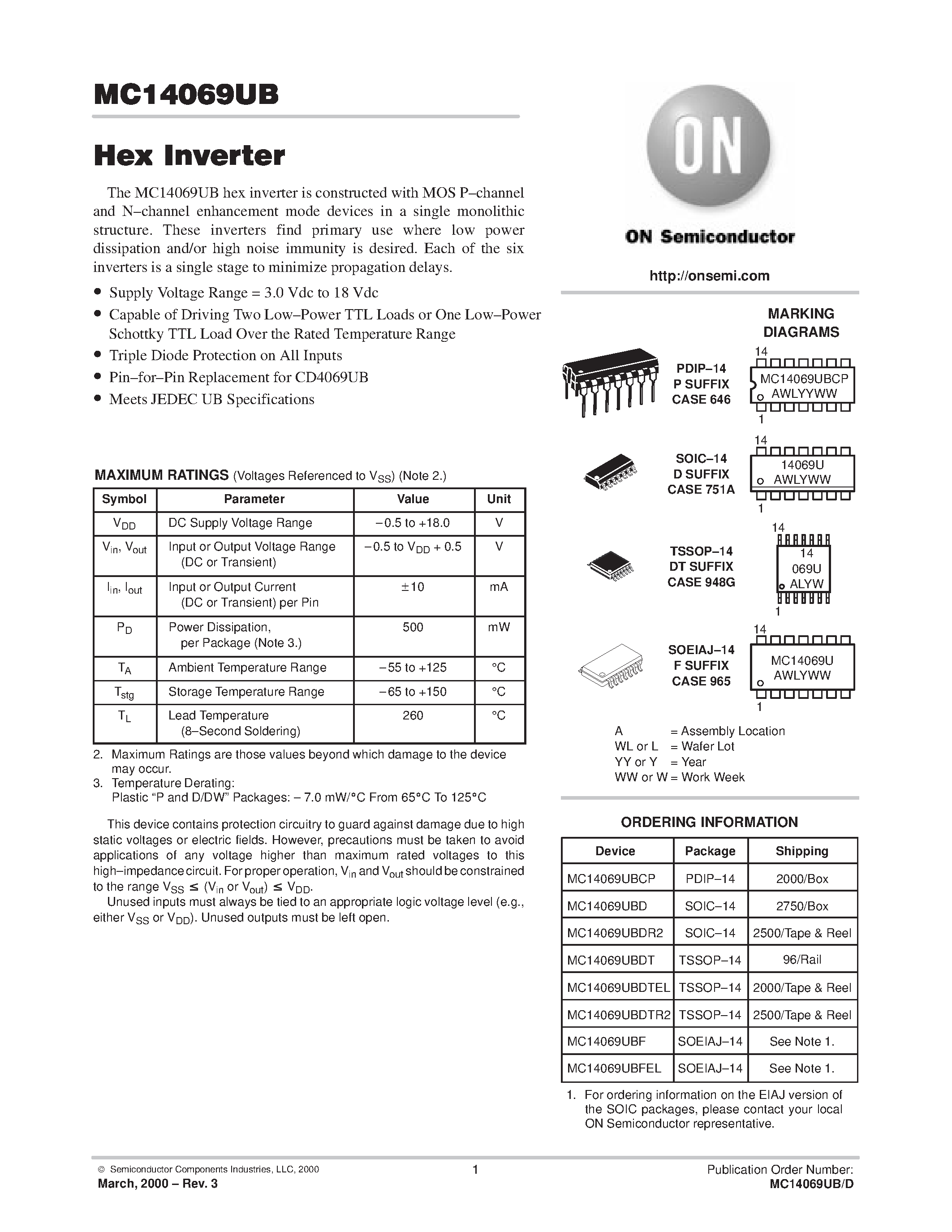 Datasheet MC14069UBDTEL page 1 Datasheet MC14069UBDTEL - Hex Inverter page 1