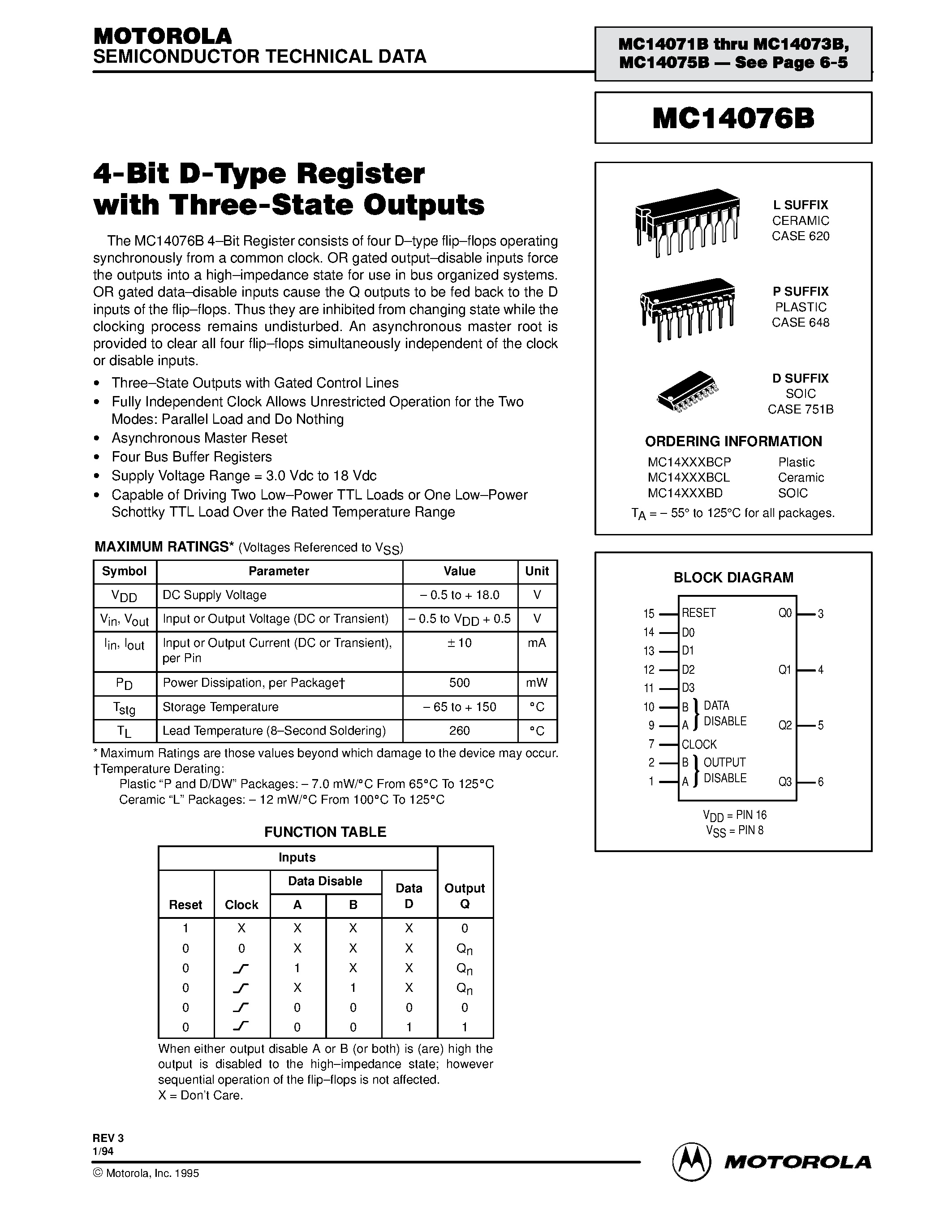 Datasheet MC14076BD - 4-Bit D-Type Register with Three-State Outputs page 1