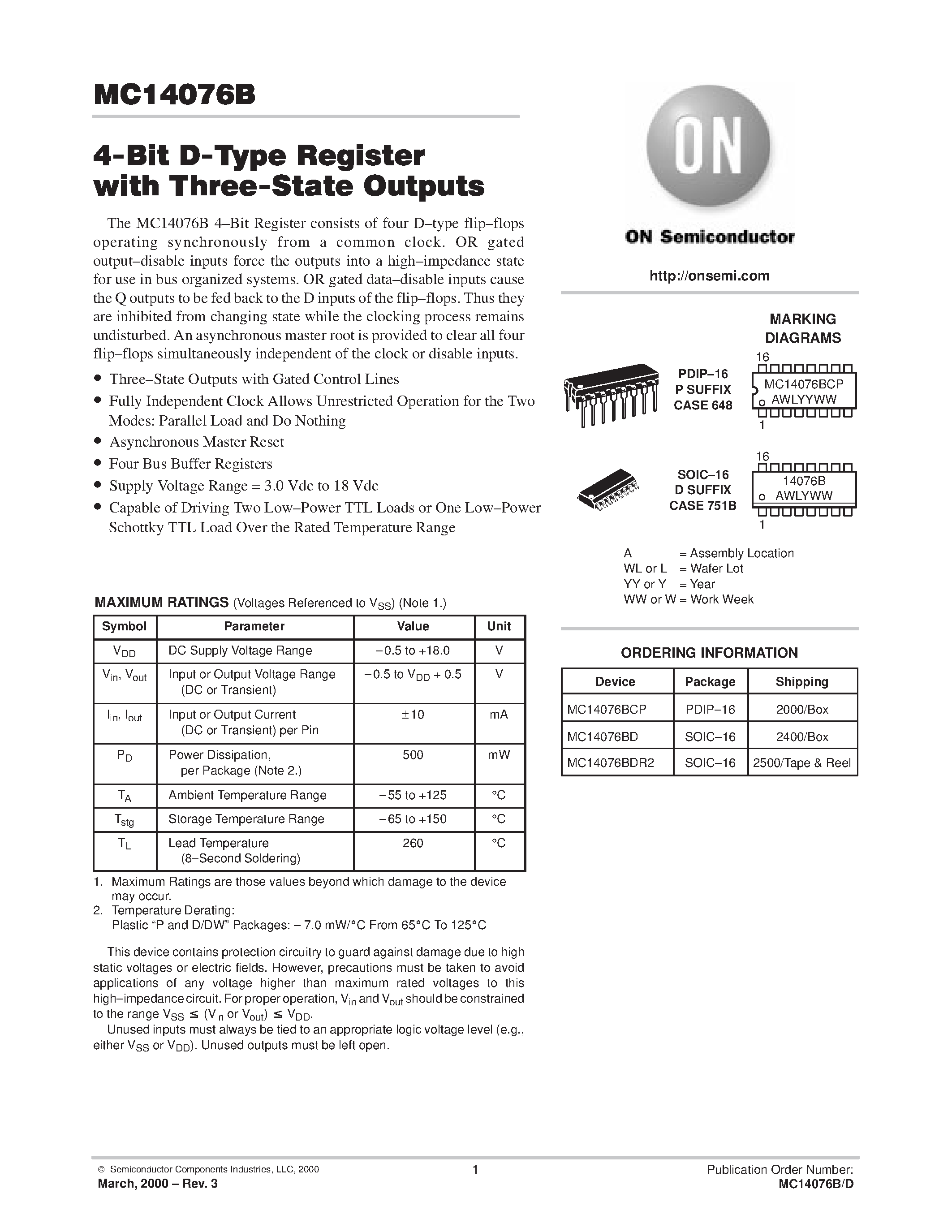 Datasheet MC14076BDR2 - 4-Bit D-Type Register with Three-State Outputs page 1