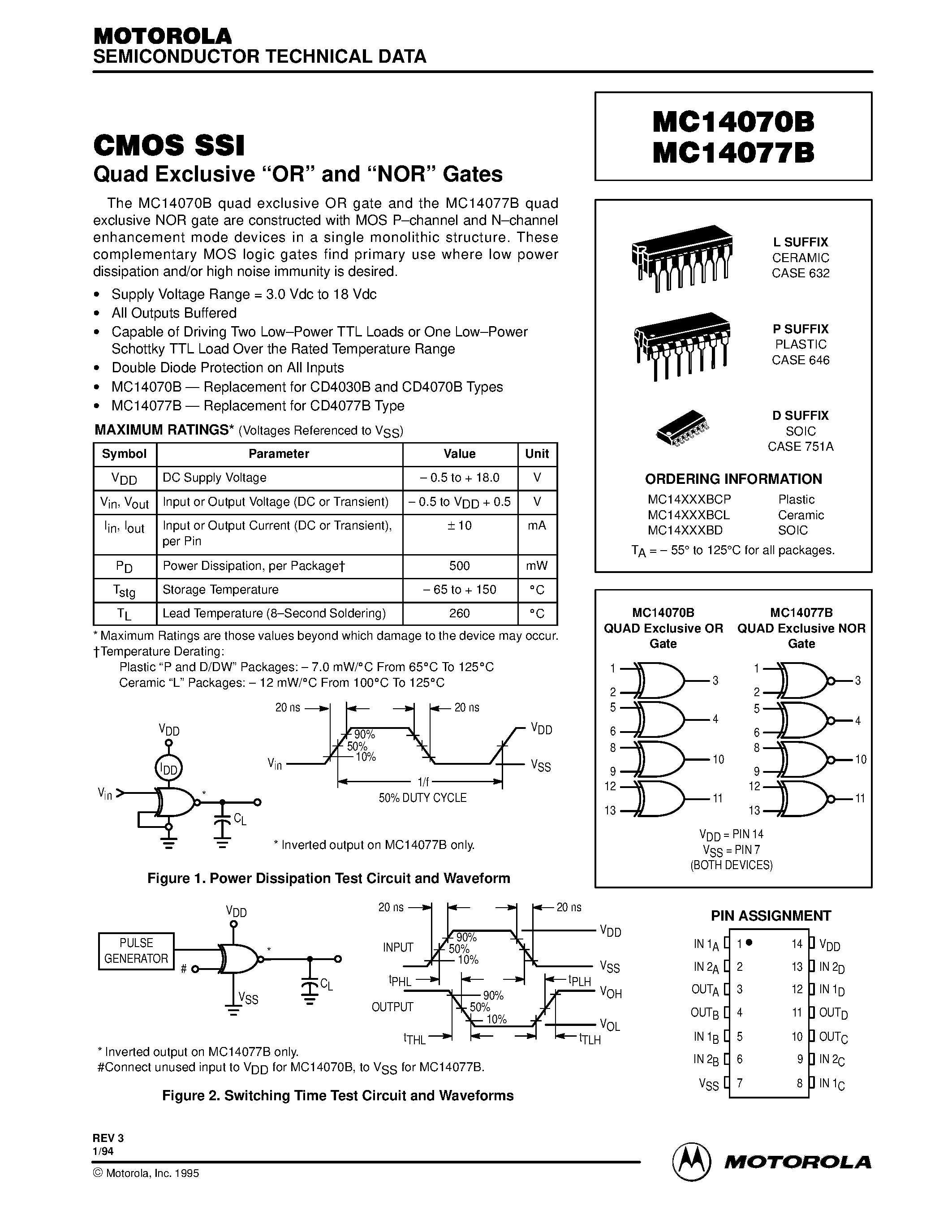 Даташит MC14077 - CMOS SSI Quad Exclusive OR and NOR Gates страница 1