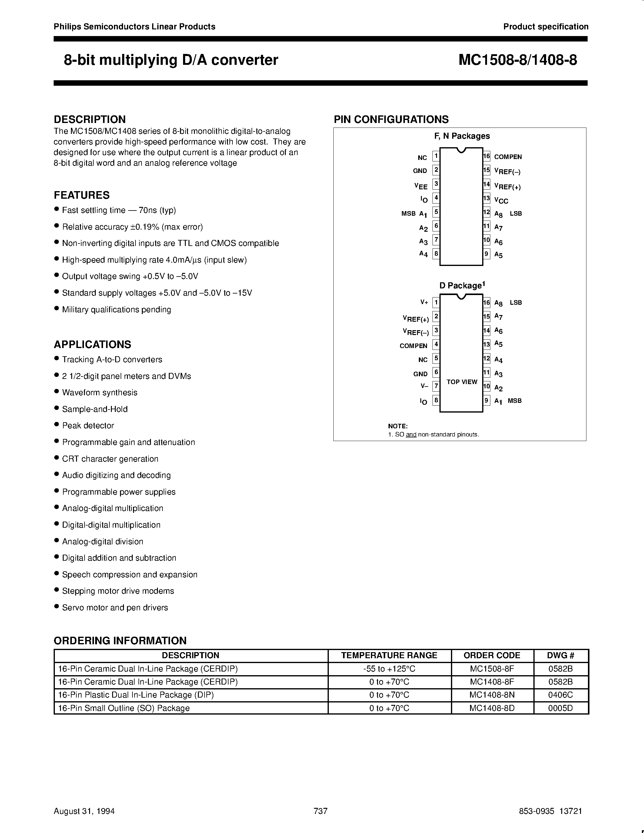 Даташит MC1408 - 8-bit multiplying D/A converter страница 1