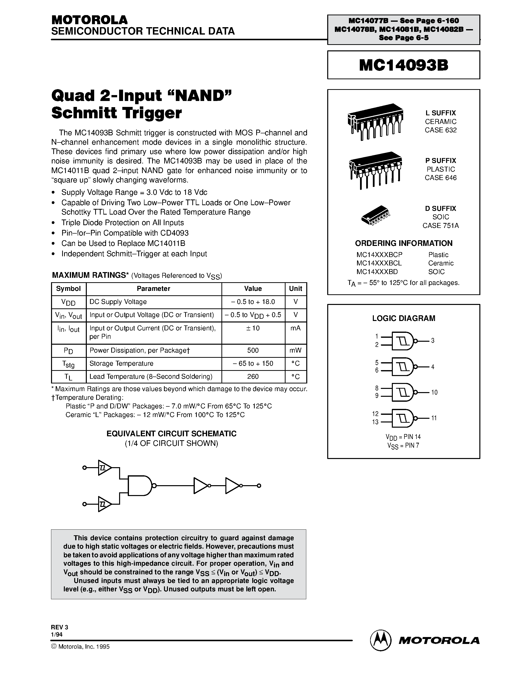Даташит MC14093BCL - Quad 2-Input NAND Schmitt Trigger страница 1