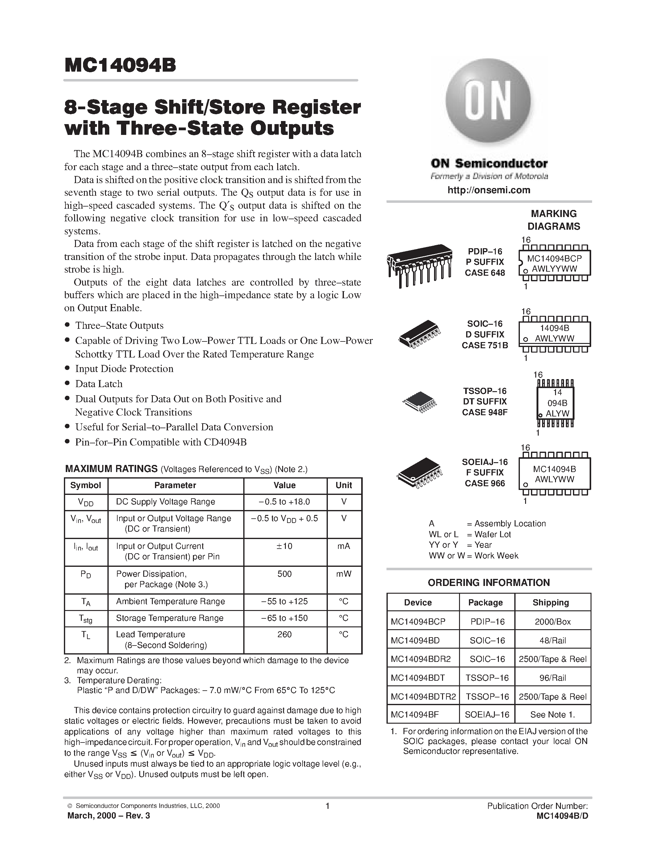 Datasheet MC14094B - 8-Stage Shift/Store Register with Three-State Outputs page 1