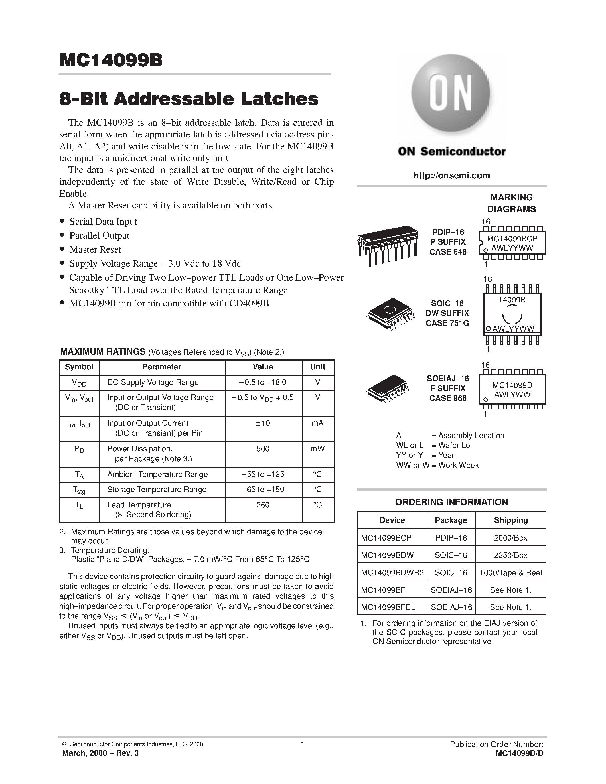Даташит MC14099BDW - 8-Bit Addressable Latches страница 1
