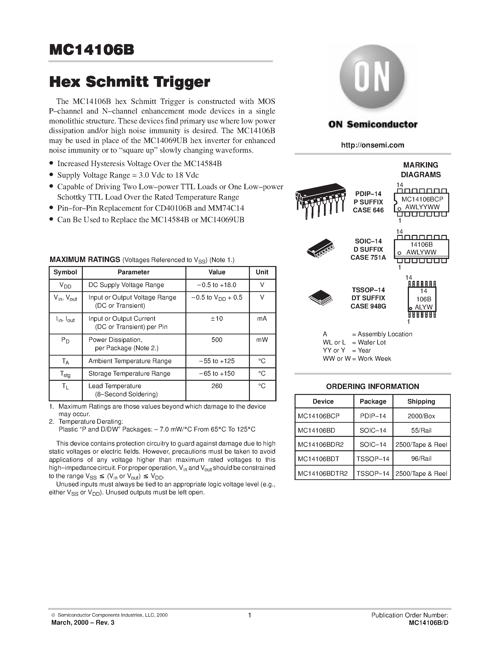 Даташит MC14106BDT-Hex Schmitt Trigger страница 1