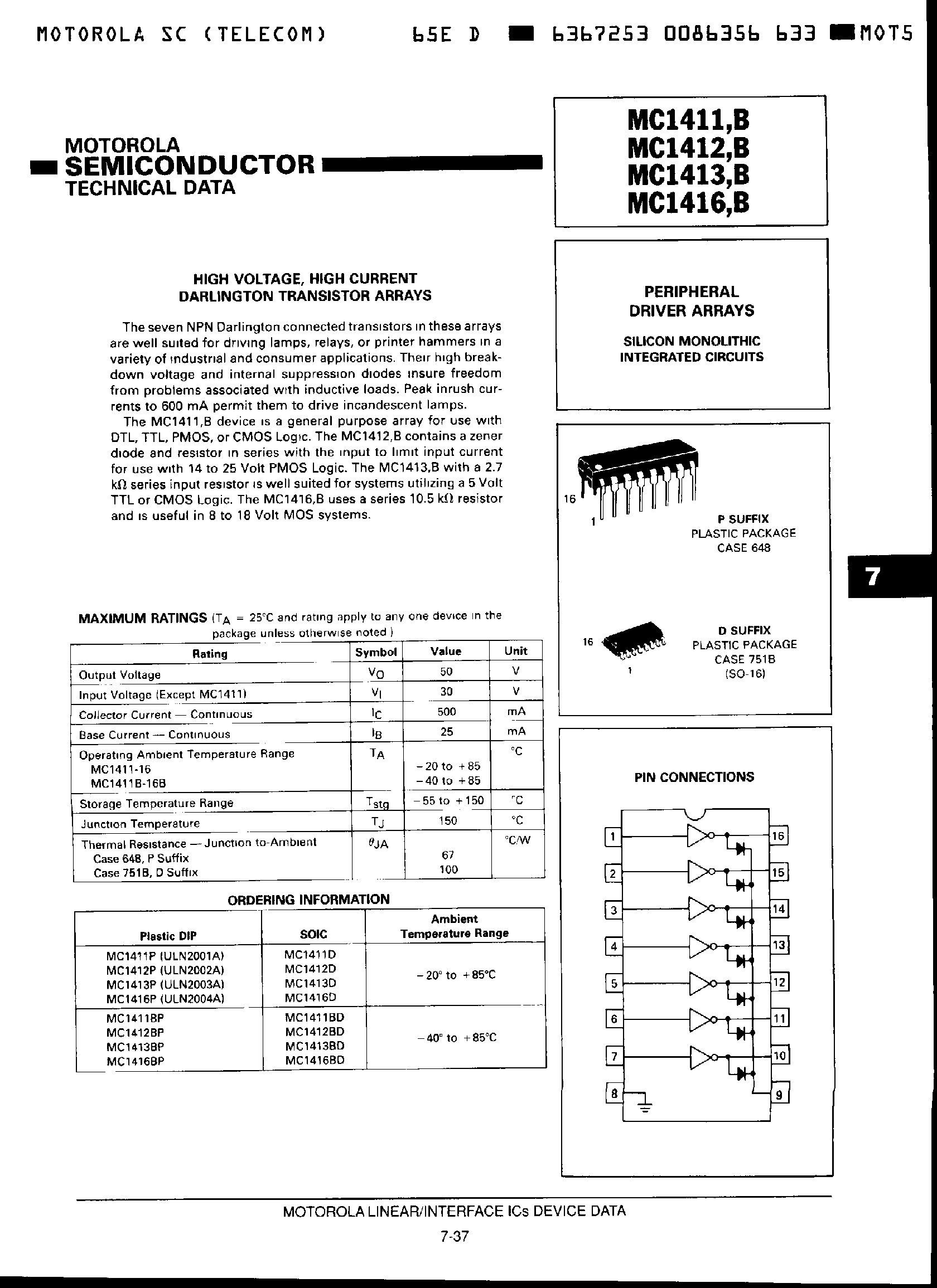 Даташит на микросхему MC1413BD страница 1 Даташит MC1413BD - PERIPHERAL DRIVER ARRAYS страница 1