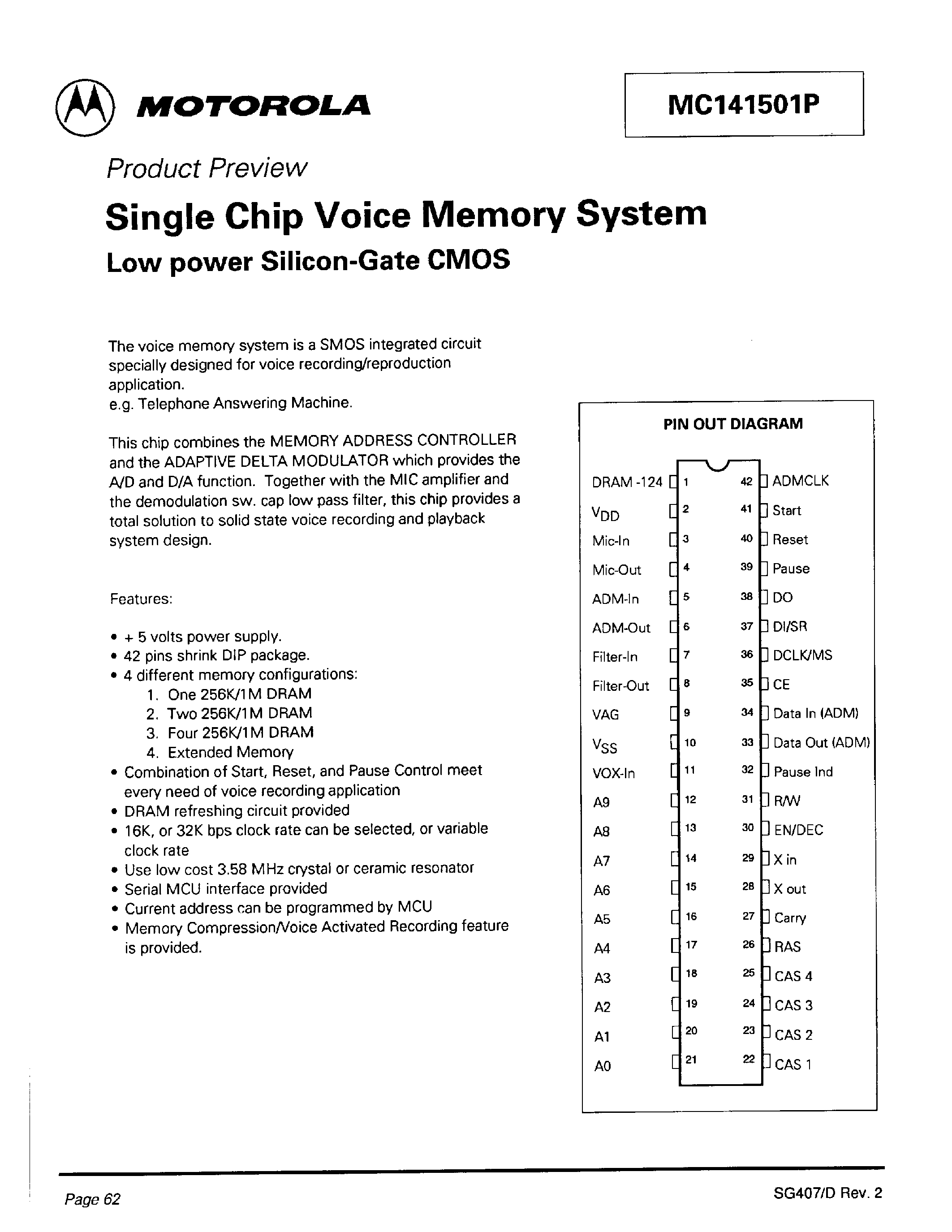 Datasheet MC141501P - Single Chip Voice Memory System Low power Silicon-Gate CMOS page 1