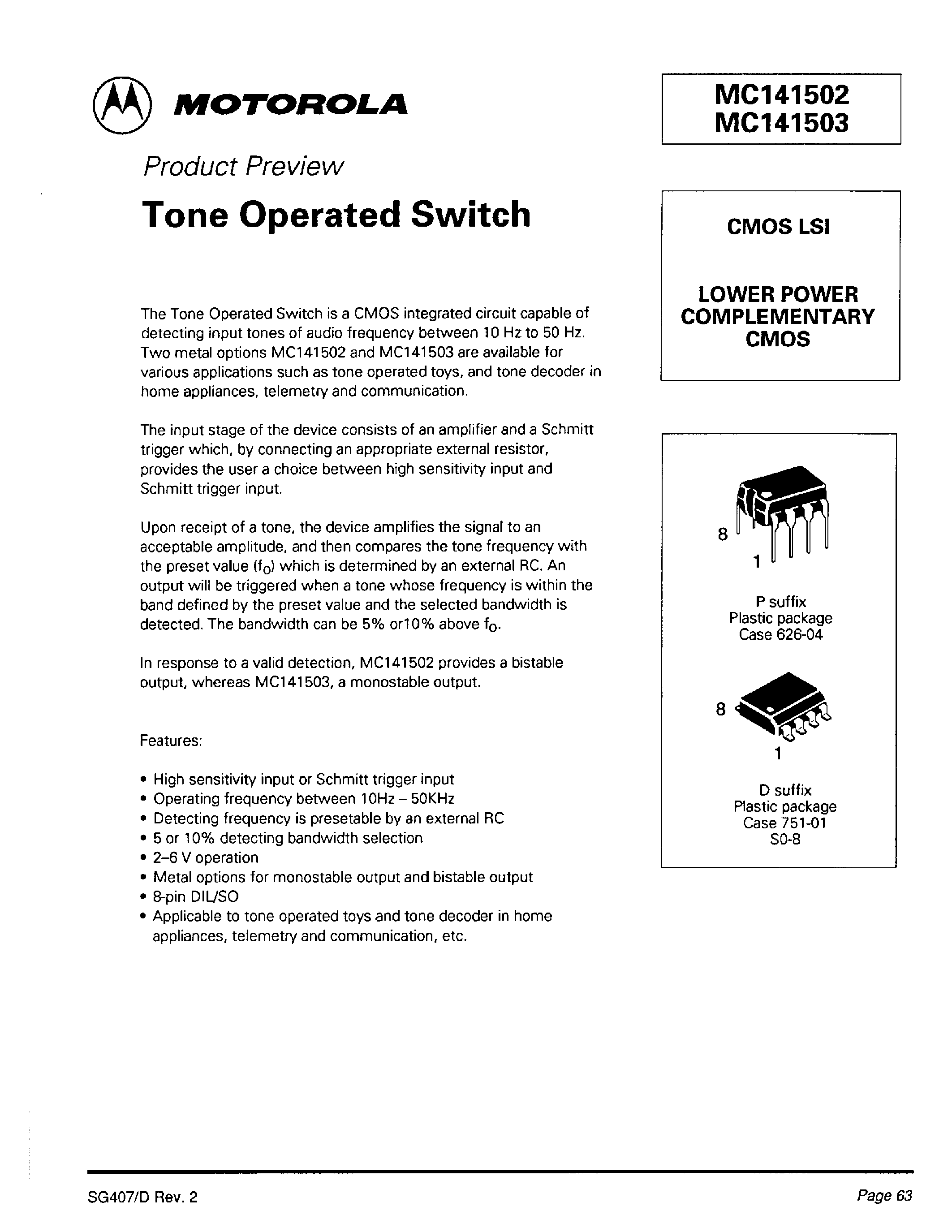 Datasheet MC141503P - Tone Operated Switch page 1