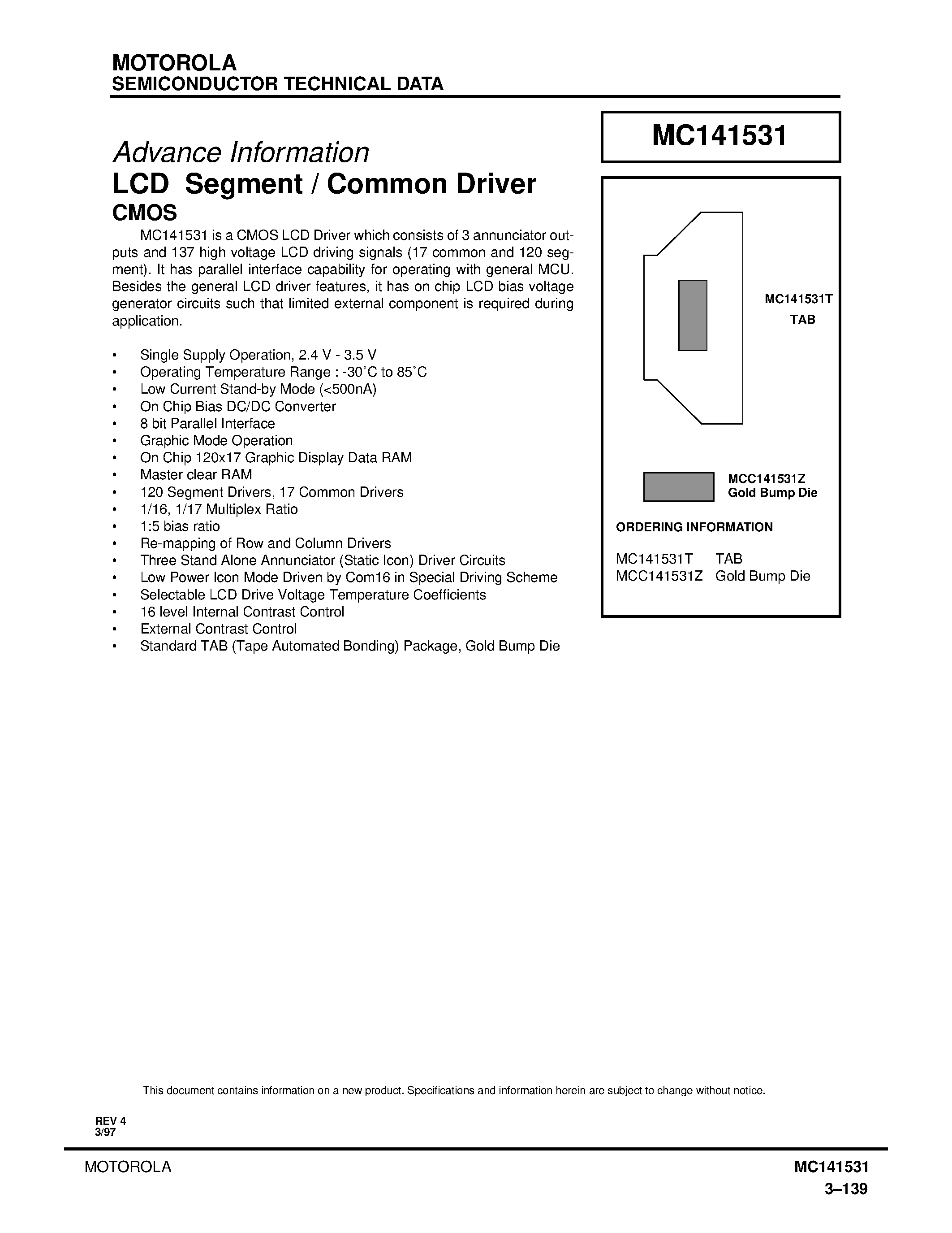 Datasheet MC141531T - LCD Segment/Common Driver CMOS page 1