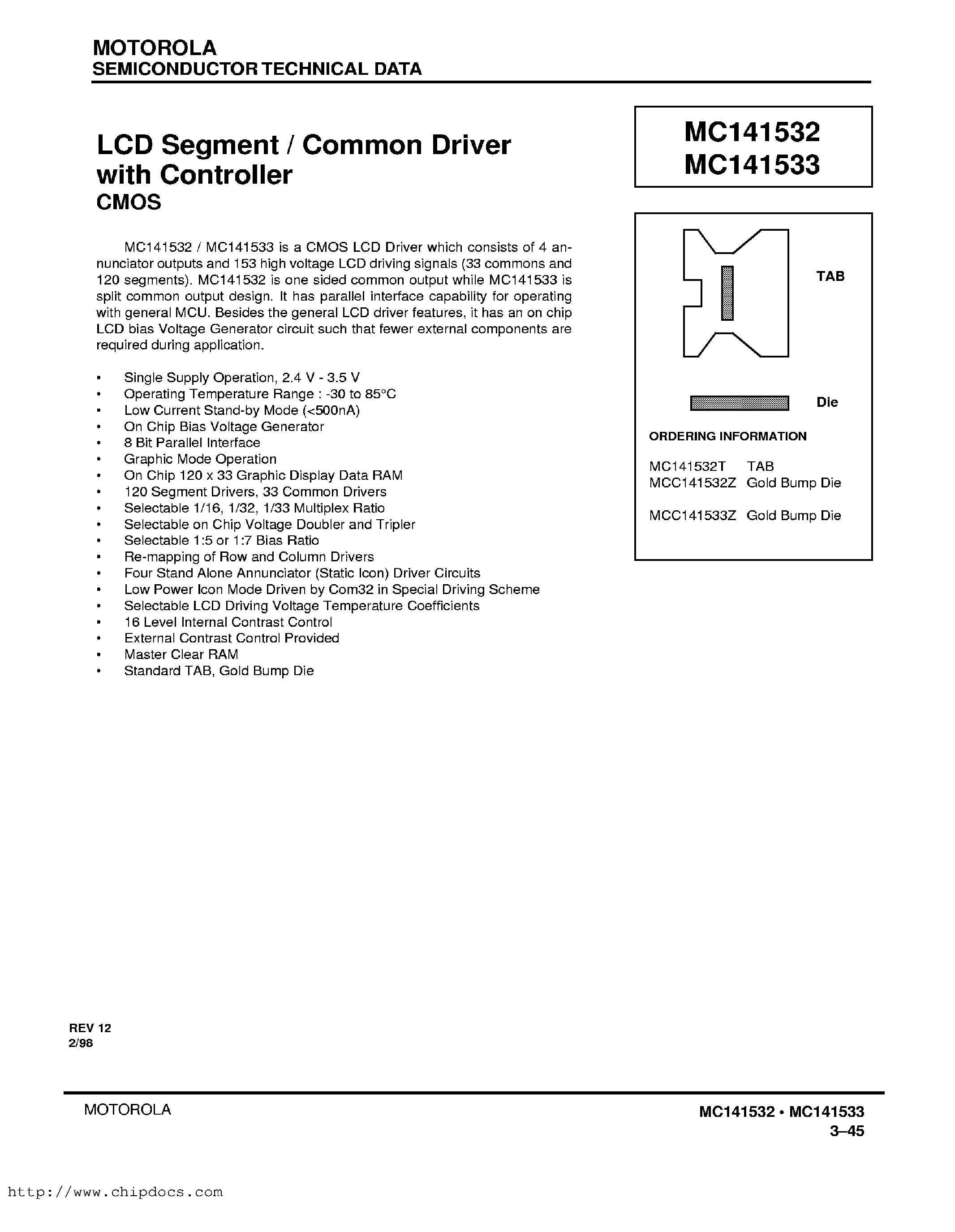Datasheet MC141532T - LCD Segment/Common Driver with Controller CMOS page 1
