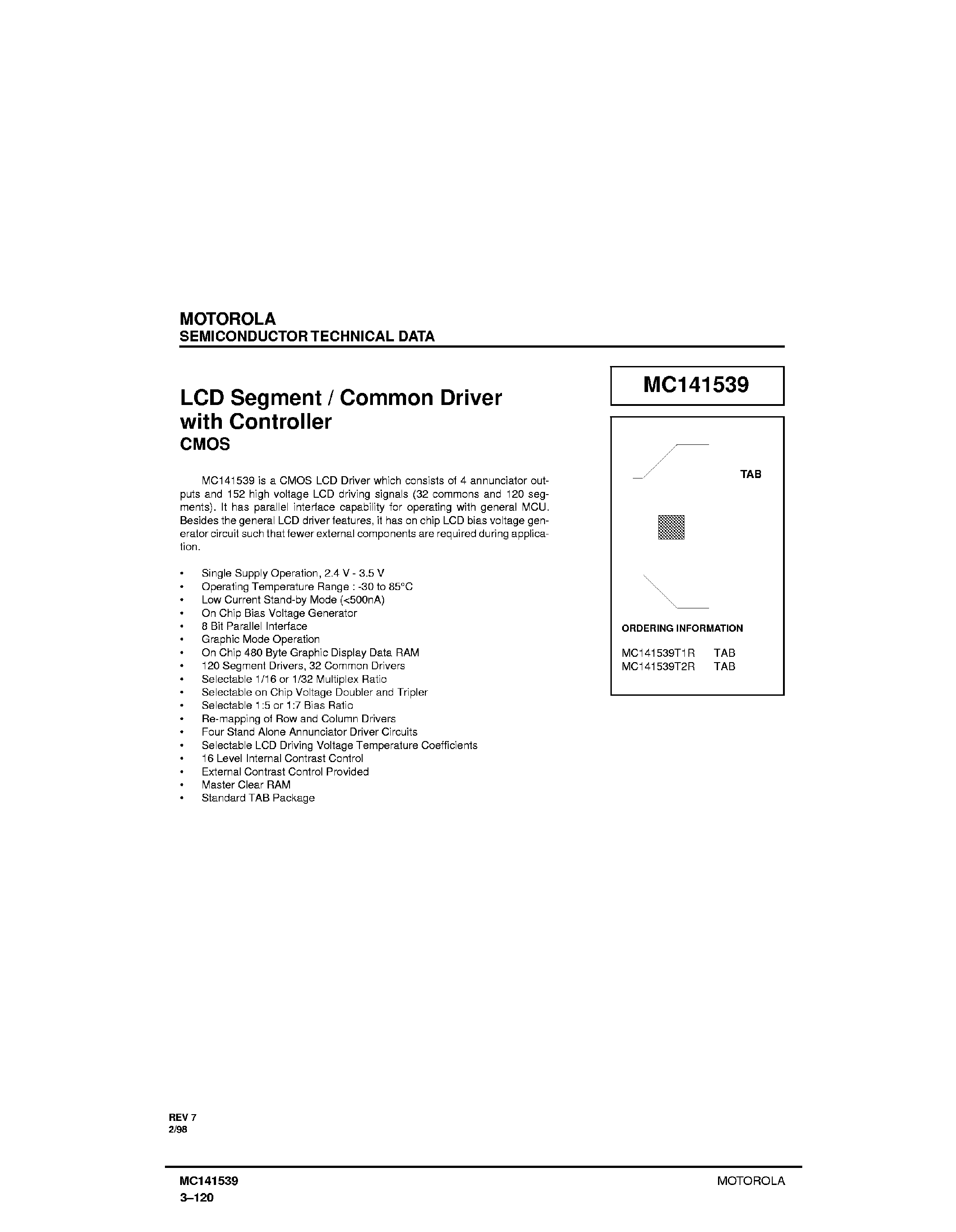 Даташит MC141539T2R - LCD Segment / Common Driver with Controller CMOS страница 1
