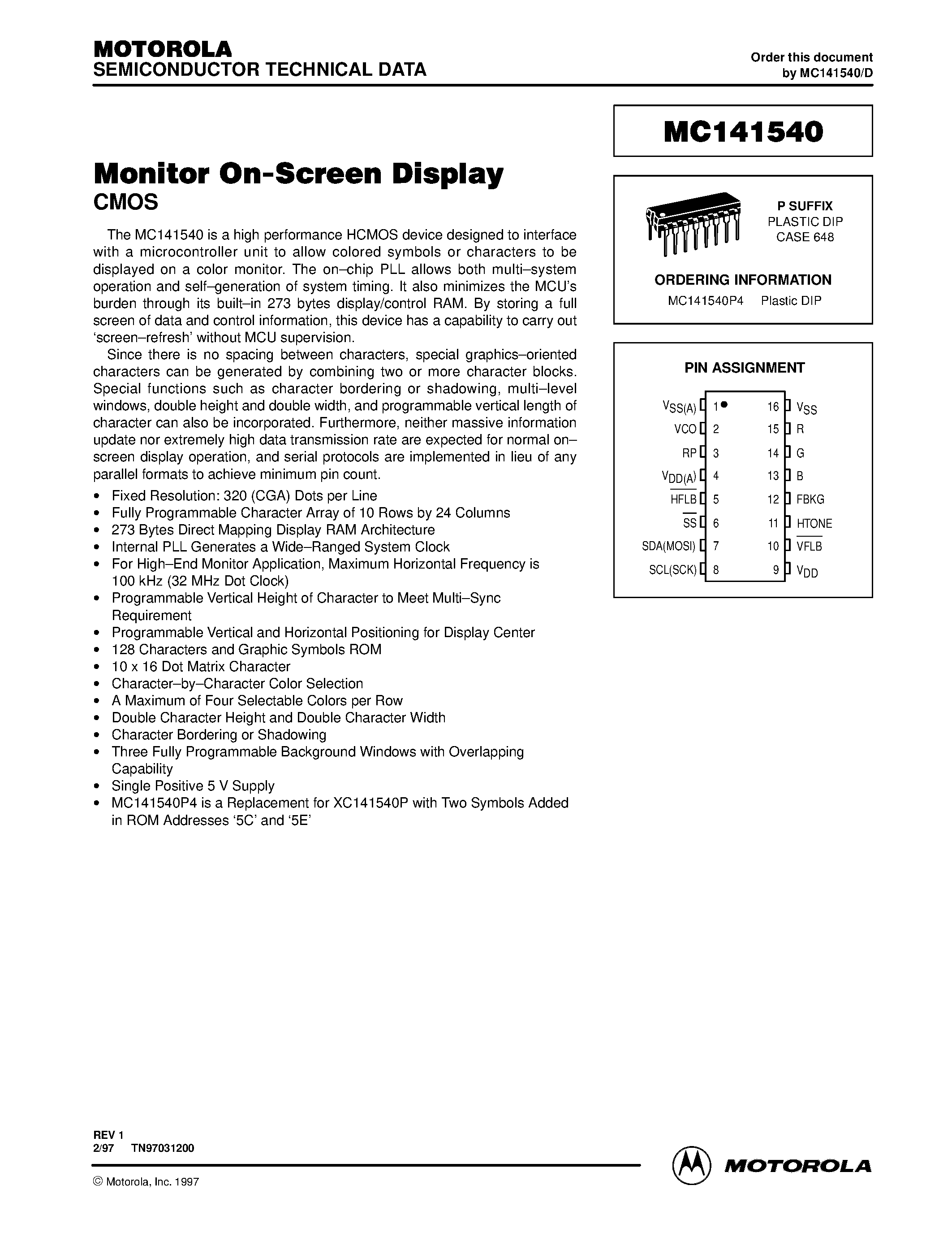 Datasheet MC141540P - Monitor On-Screen Display CMOS page 1