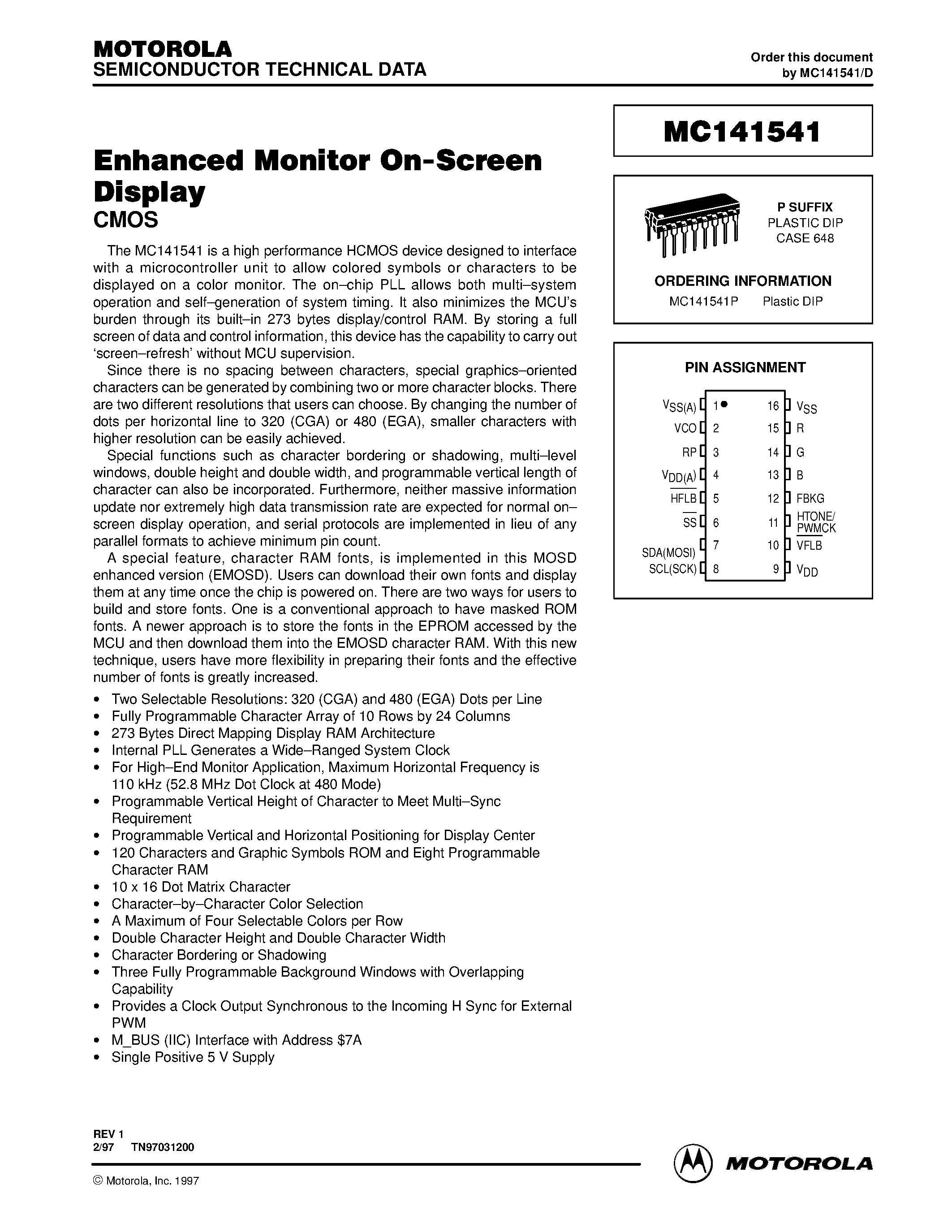 Даташит MC141541P - Enhanced Monitor On-Screen Display страница 1