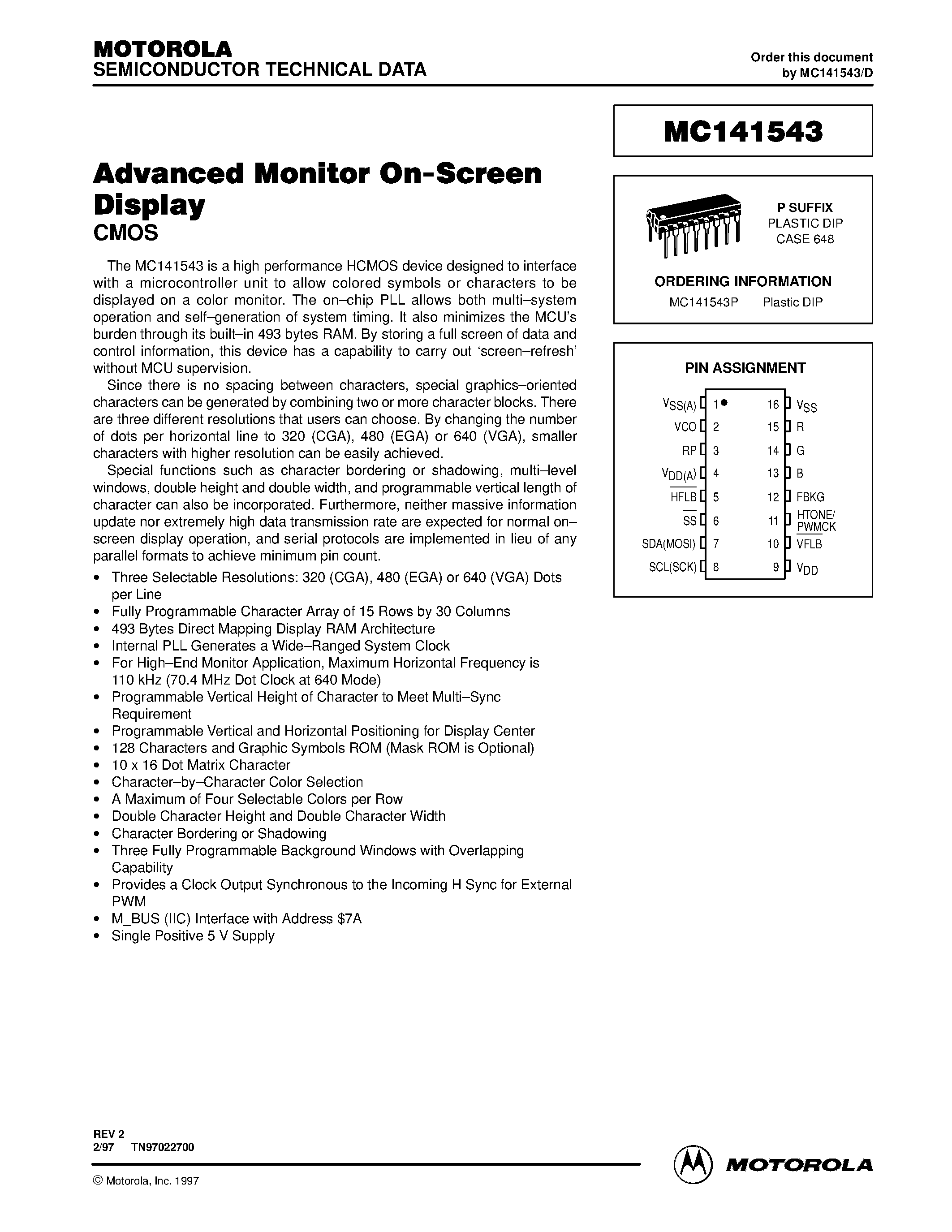 Даташит MC141543P - Advanced Monitor On-Screen Display страница 1
