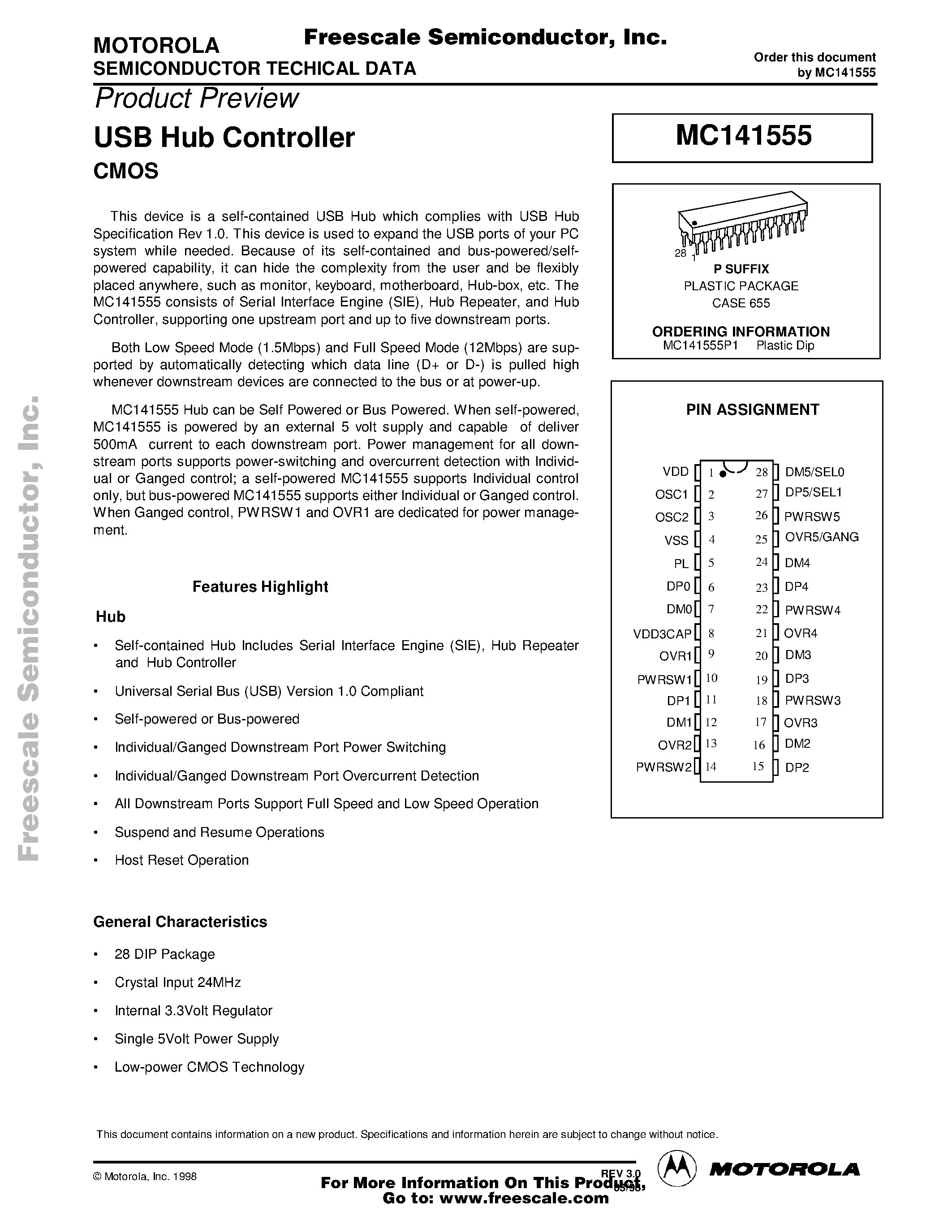 Datasheet MC141555 - USB Hub Controller CMOS page 1