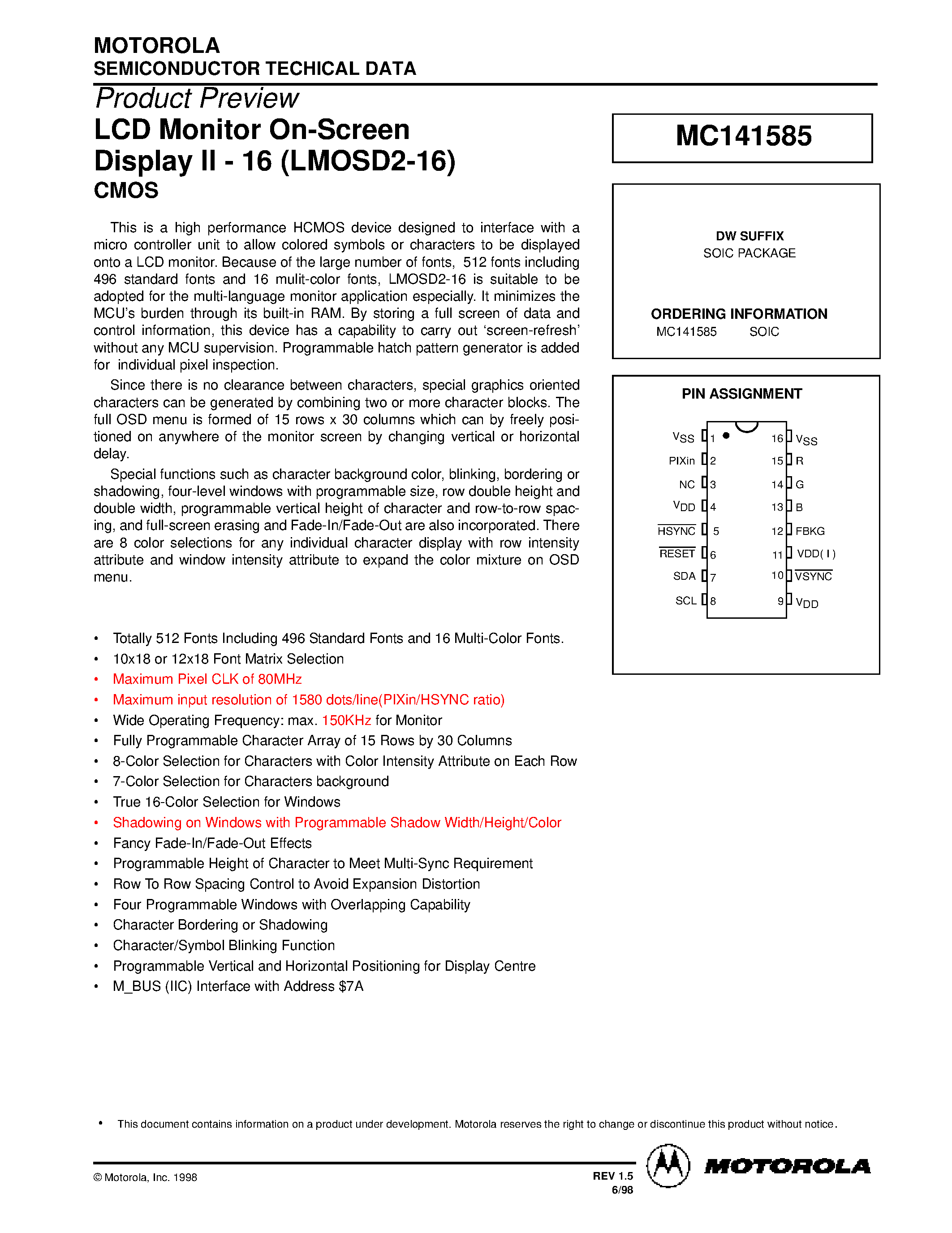 Datasheet MC141585 - LCD Monitor On-Screen Display II - 16 (LMOSD2-16) CMOS page 1