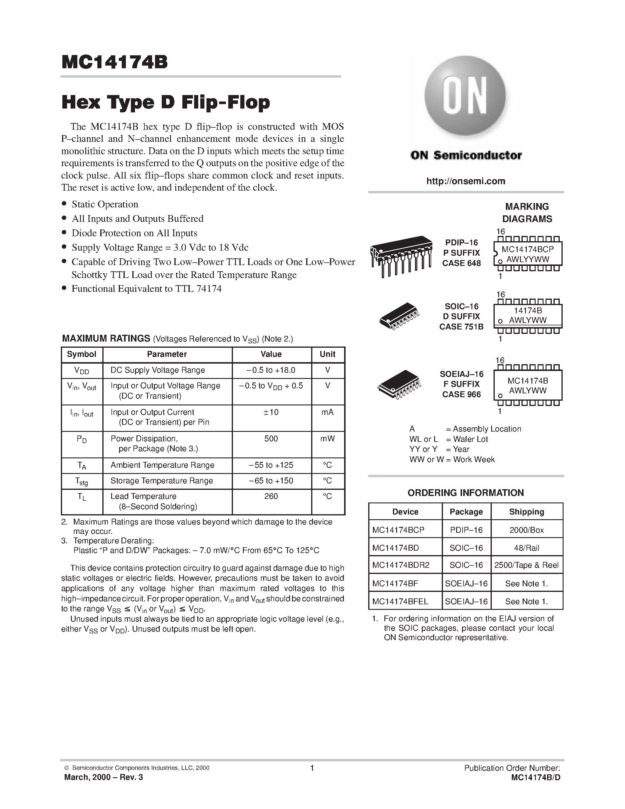 Datasheet MC14174B - Hex Type D Flip-Flop page 1