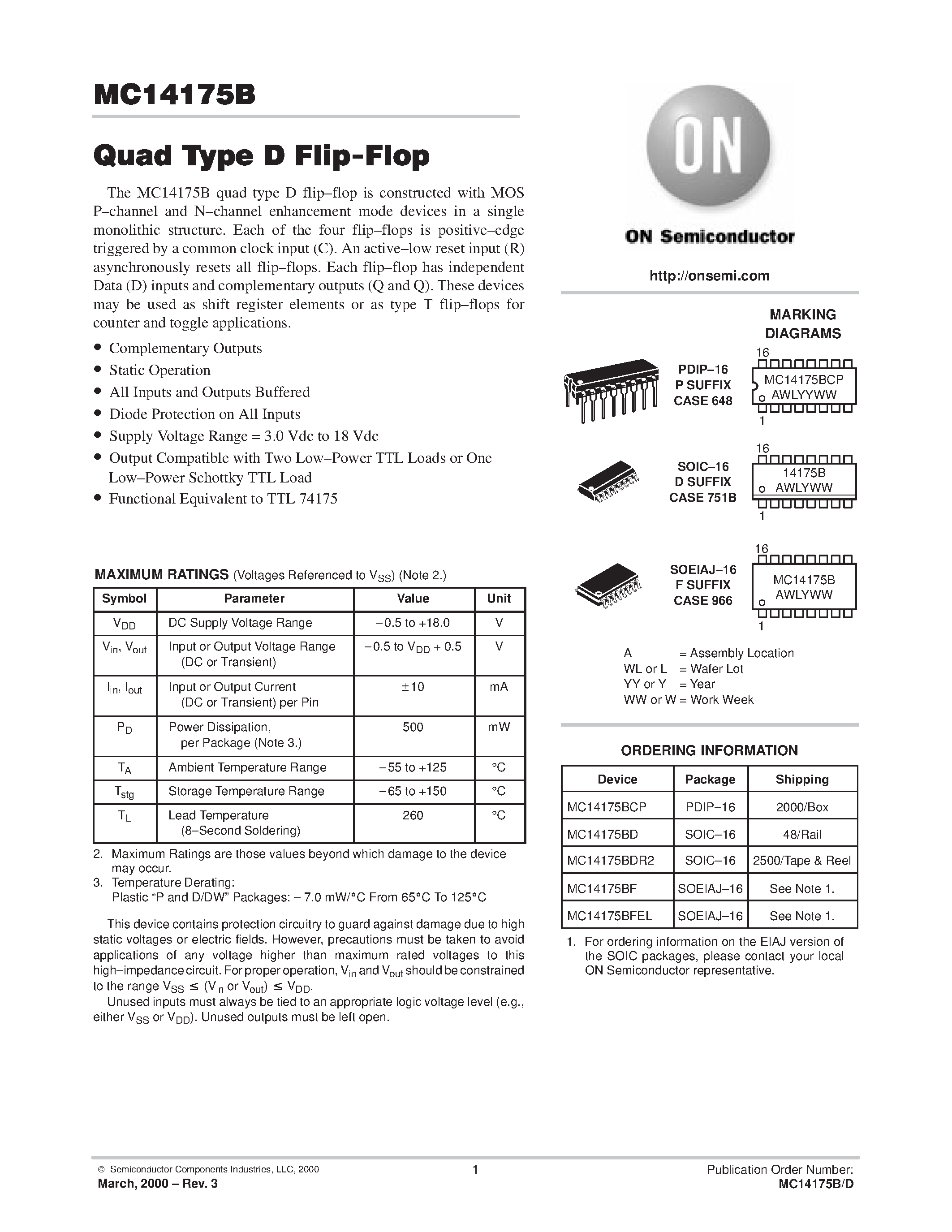 Даташит MC14175B - Quad Type D Flip-Flop страница 1