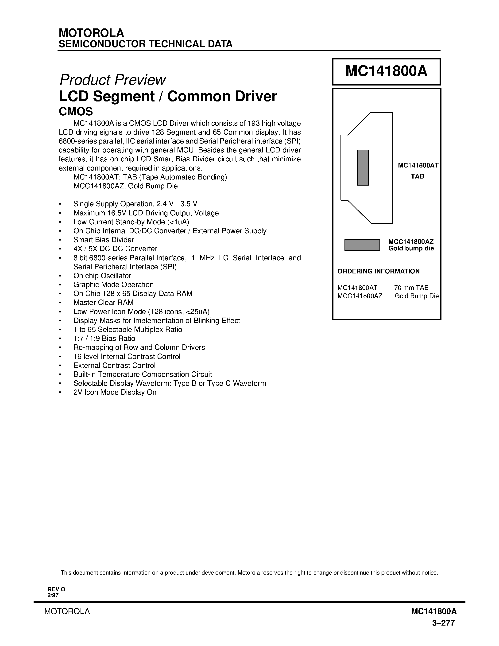 Даташит MC141800AT - LCD Segment/Common Driver страница 1