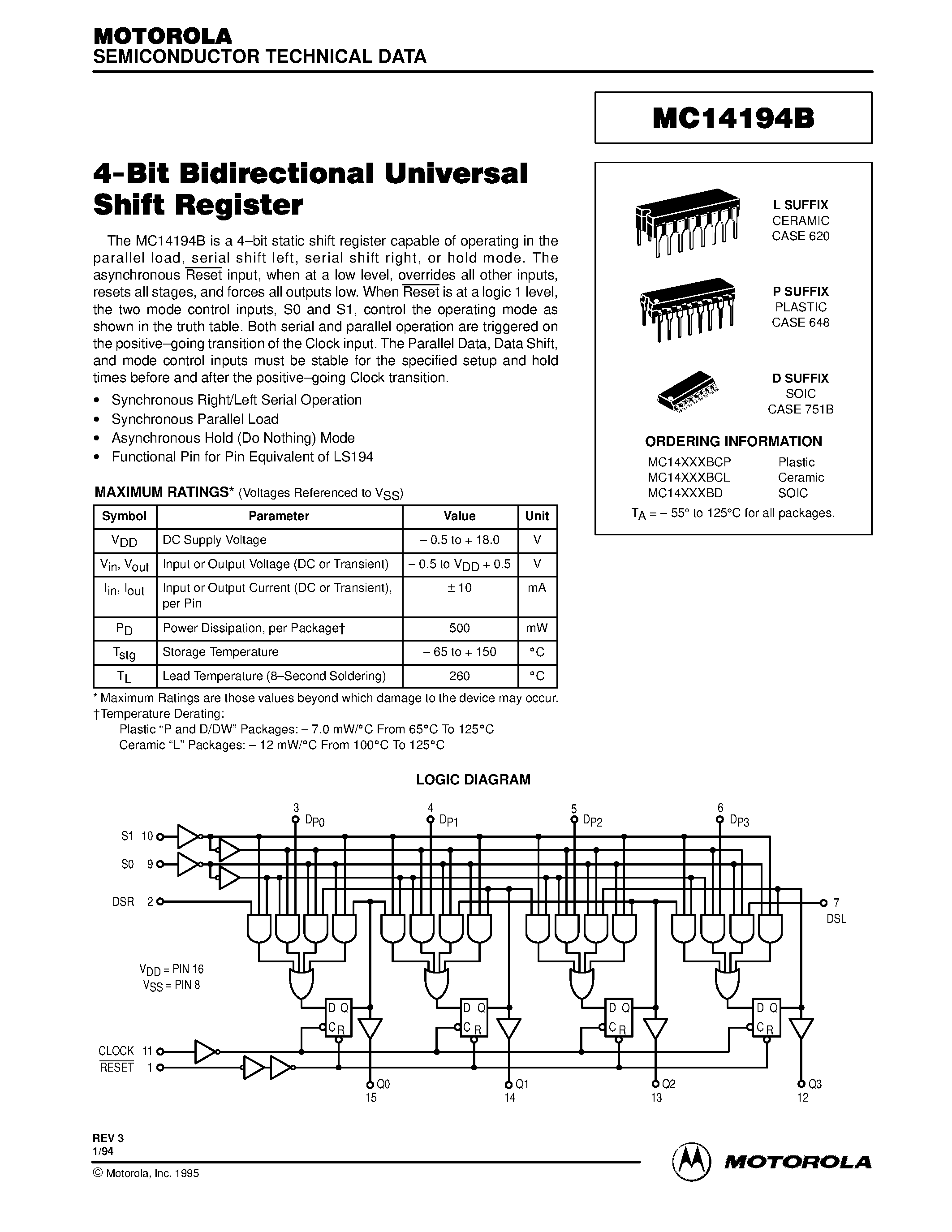 Datasheet MC14194BCL - 4-Bit Bidirectional Universal Shift Register page 1